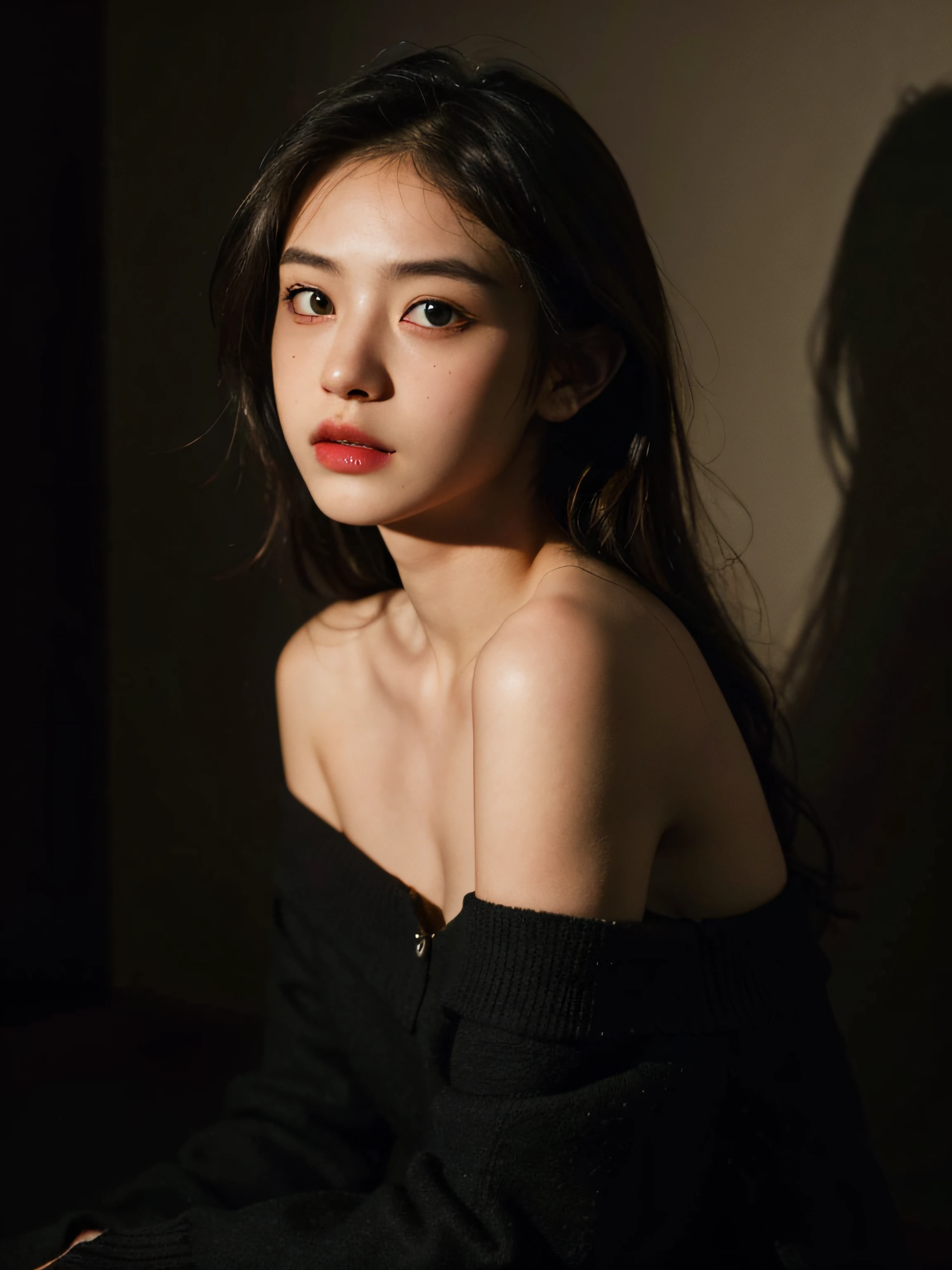 Best quality, masterpiece, ultra high res, (photorealistic:1.4), raw photo, 1girl, offshoulder, in the dark, deep shadow, low key, cold light