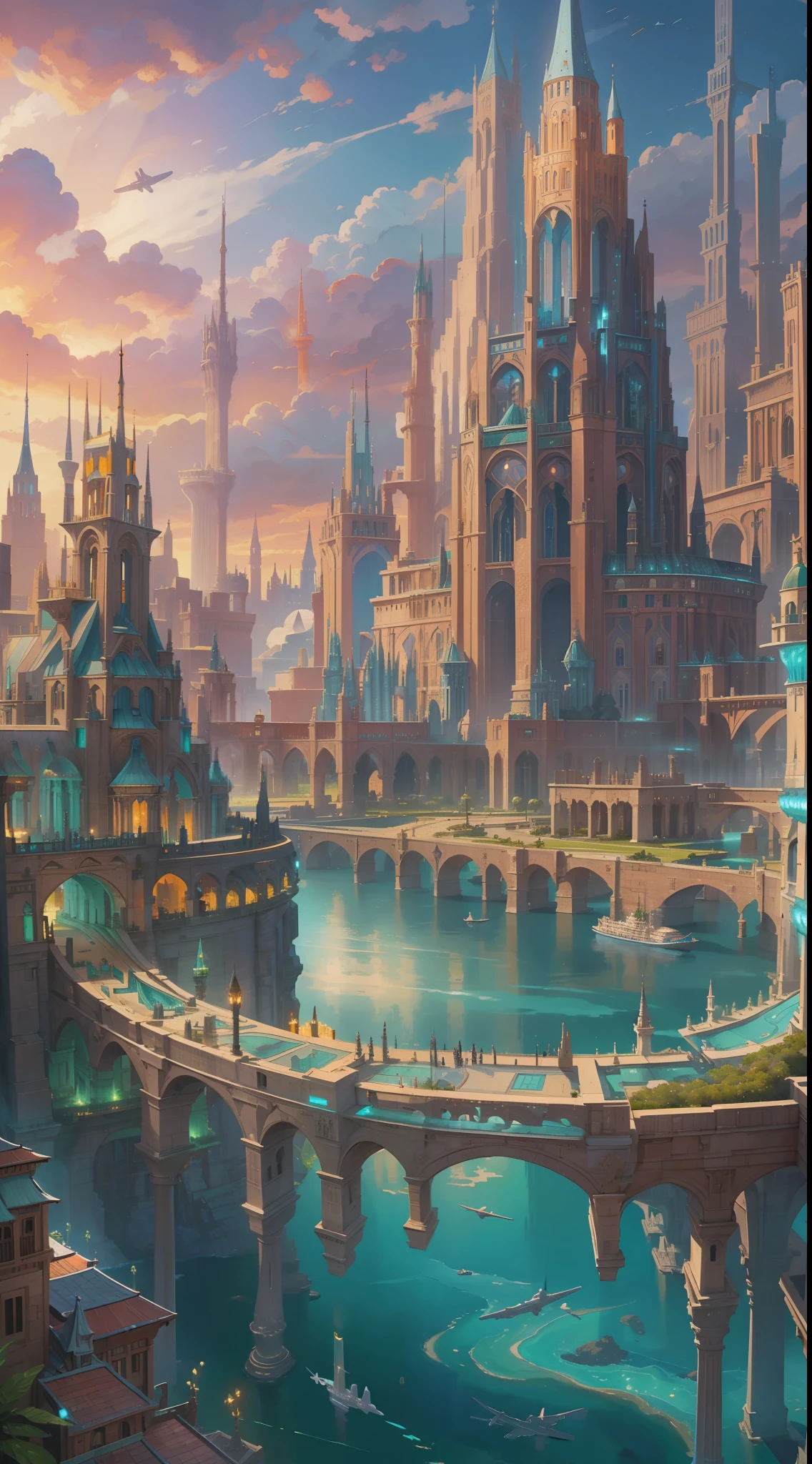 The majestic city of Atlantis from the Stargate series, towering spires of advanced architecture reaching into the sky, surrounded by a shimmering protective energy shield, bustling air traffic and water canals, a sense of wonder and technological marvel, Illustration, digital painting, vibrant colors and intricate details,