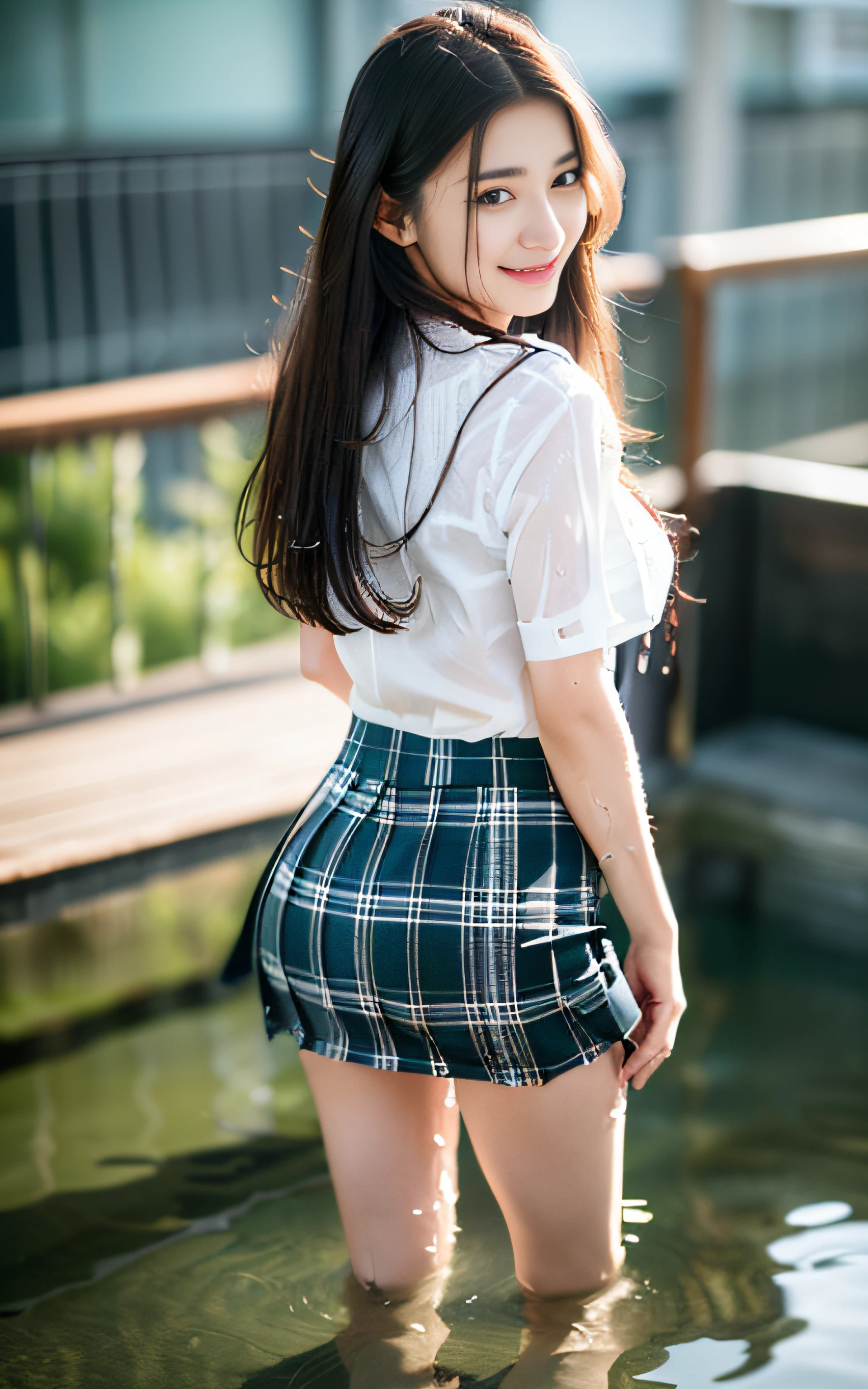 the Extremely Detailed CG Unity 8K Wallpapers、top-quality、ultra-detailliert、masterpiece、realisitic、Photo Real、extremely detailed cute girl、18year old、(High school student in Japan uniform)、red blush、cparted lips、looking at the viewers、Semi-body shot、(Scenery of the rainy season)、(Japan high school uniform and designated shoes)、(short plaid skirt:1.5)、(Short sleeve white shirt for students)、 (neck tie:1.2)、(light brown random hair)、(beauitful face:1.3)、(perfectly proportions:1.2)、(Long feet:1.2)、(small tits:1.3)、(Textured skin)、Looks Back、over the shoulder view、focused shot、((Blouse wet from rain、The brusher can see through))、(The bra on the back shows through)、smirk grin、(((wetting hair、wetted skin)))、((The upper part of the body))、Angle from above、((Sheer))