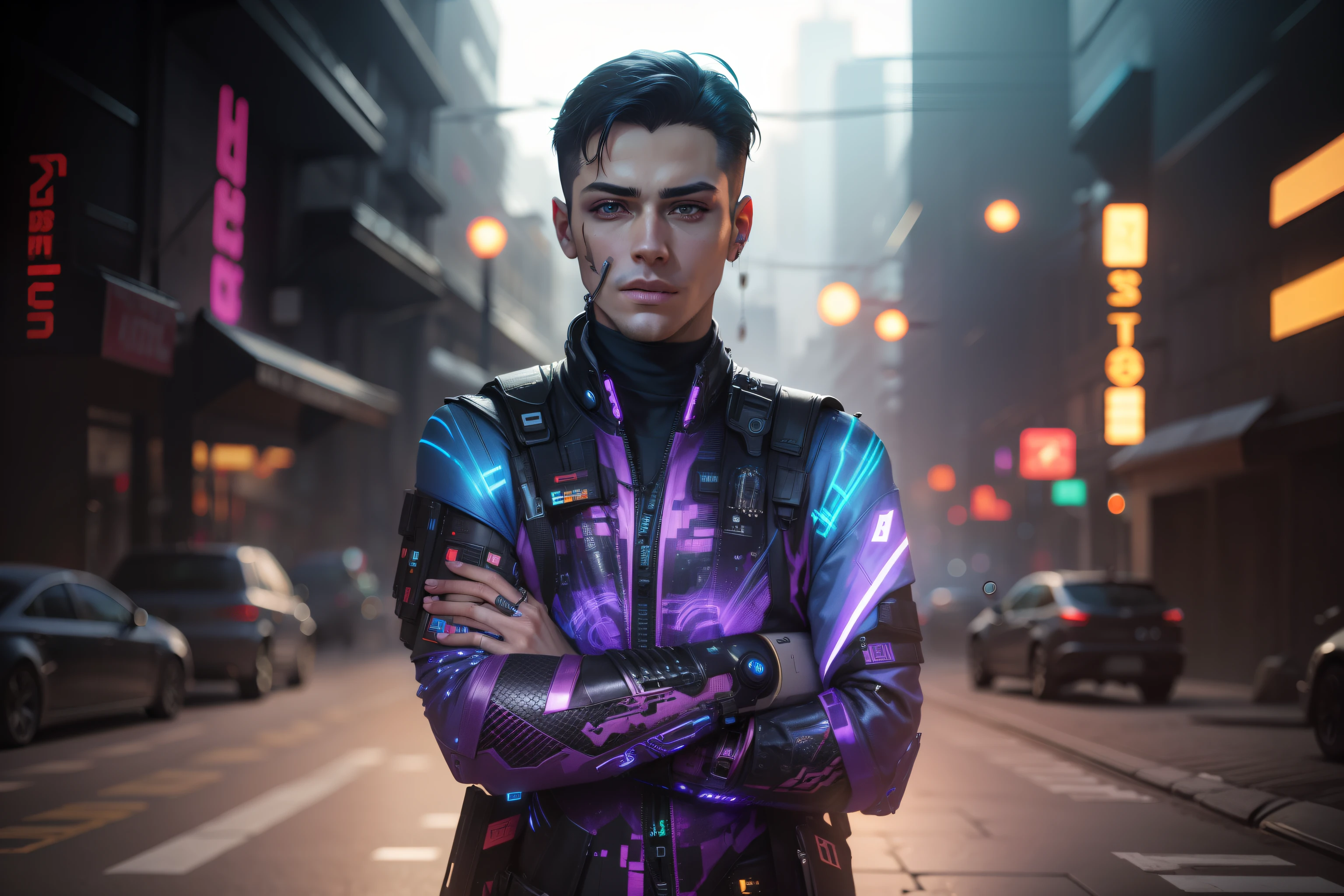Change background cyberpunk handsome boy, realistic face, 8k, ultra realistic,