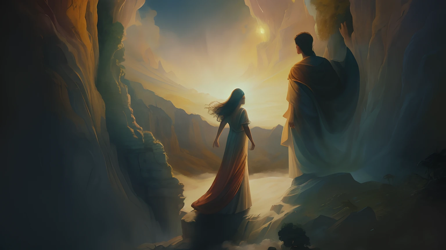 Imagem de uma mulher com um vestido longo caminhando por uma caverna, she is approaching heaven, inspirado em Christophe Vacher, Directed by: Christophe Vacher, beautiful depiction, she is arriving heaven, Directed by: Alexander Kucharsky, godly and ethereal, dramatic concept art, Directed by: Cyril Rolando, Luz majestosa, Directed by: Scott Gustafson, beautiful image ever created