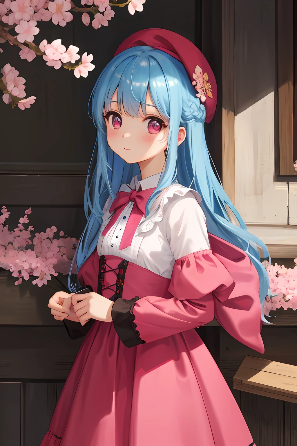 (masterpiece),(illustration),(best quality:1.3),outdoor,(cherry blossom),accurate anatomy,indoor,(very cute girl,face focus:1.4),pink beret,gothic pink dress,ruby eyes BREAK long (blue) hair,