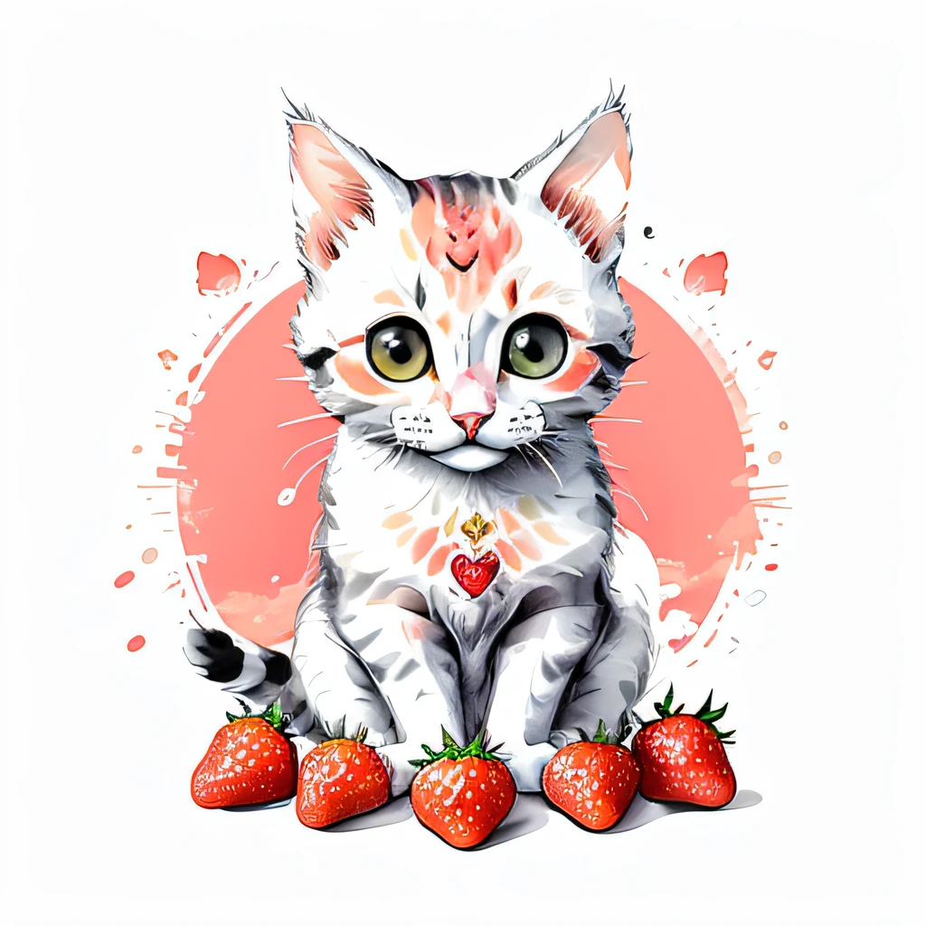 circular design, logo art, (cat design with strawberry),(on the table), fantasy, colorful, vintage,  charming: white background, lowbrow art, digital illustration, radiant; gouache, 16k, minimalistic, doodle, CGSociety, solarpunk, crispy quality, sharp, bright, volumetric lighting, intricate, ample negative white space, as a logo,