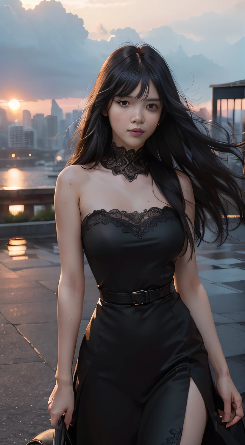 digital portrait, realistic depiction of the human body, RAW photo, one girl, gentle gray eyes, plump lips, An ennui look, huge firm bouncing busts, Long brown hair, (((Elegant black lace-like line dress, Dense and artistic lace black line dress, beautiful dress, super luxury dress)))、highest quality, super resolution, master piece:1.5, medium depth of field, 50ｍｍlens, cinematic lighting, Backlight, professional photographer, sea side, evening