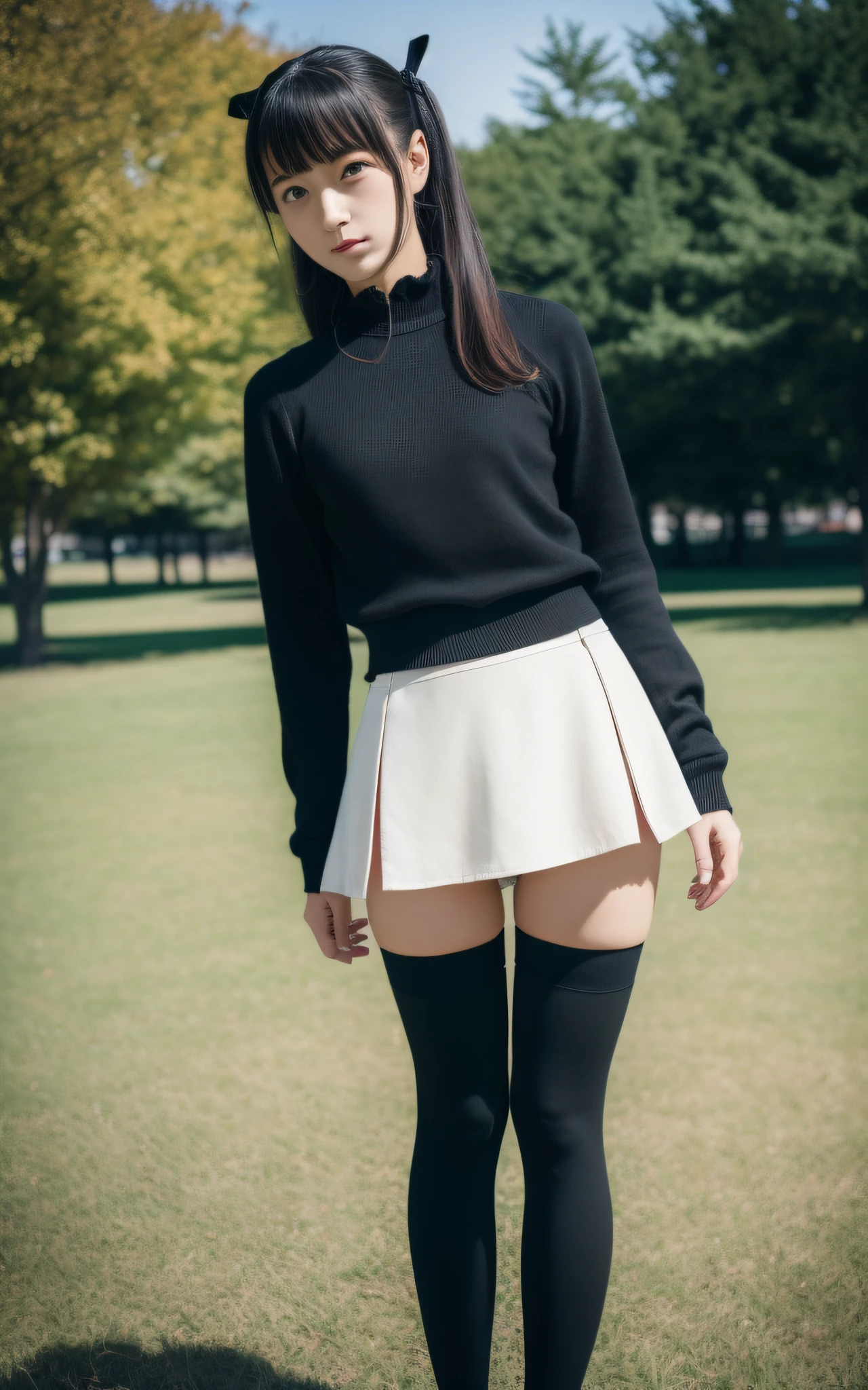 (8K, Raw photo:1.2), (Best Quality:1.2),( masutepiece:1.2), high-definition RAW color photography, professional photograpy,
cowboyshot, (Best Quality),
18yo 1girl, Solo, Black hair, Asian, Cinematic Light, (finerly detailed face:1.2), (masutepiece:1.5),
(Best Quality:1.2), (Looking at Viewer:1.2), (Campus Background:1.3), (Valley:1.3), (Black skirt:1.3), (ta Fashion:1.4), (zettai ryouiki:1.2), (black thighhighs:1.3), (White panties with ribbon:1.0), (Crotch line:1.4), pantiesinskirt