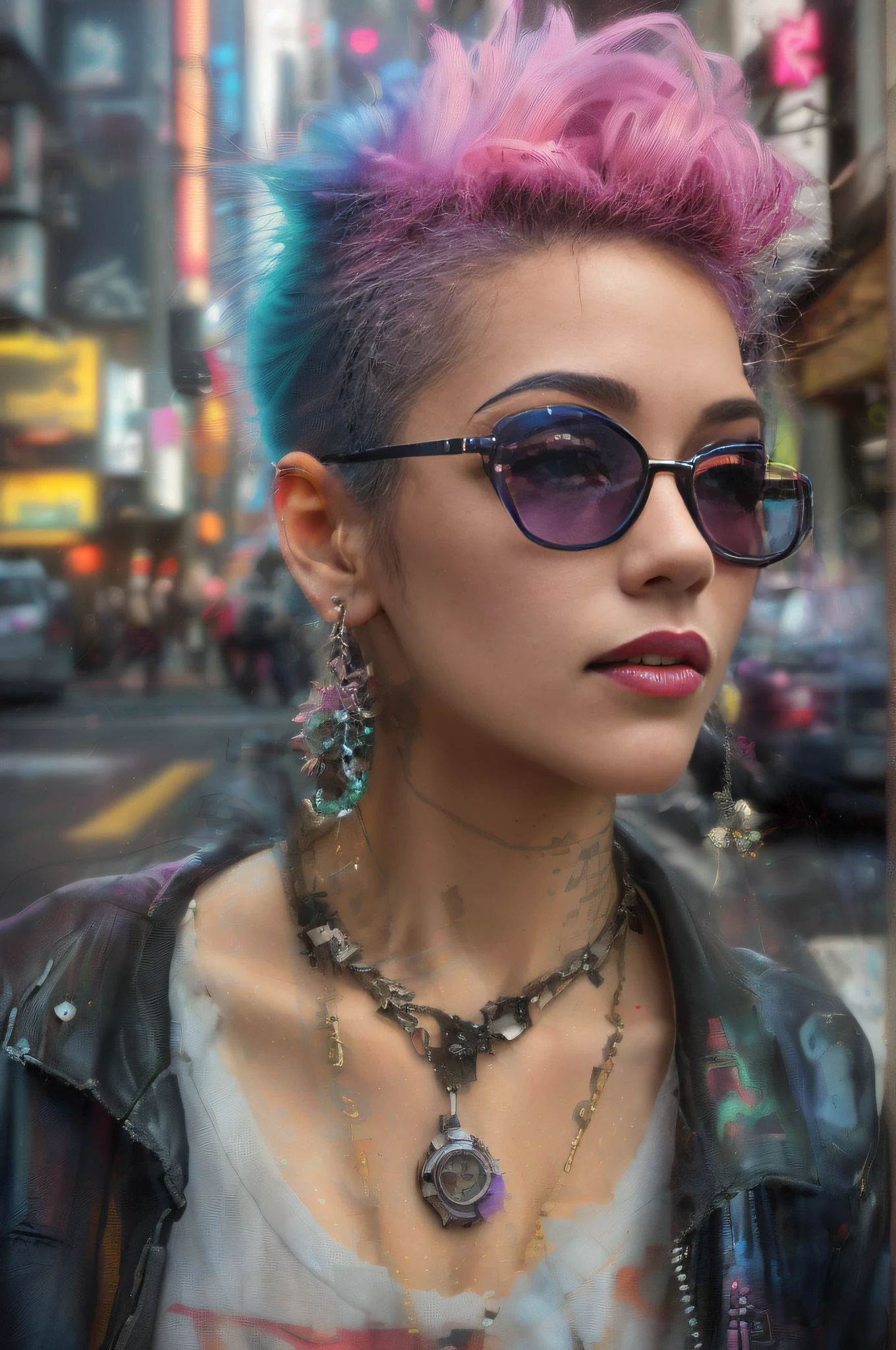 Femme arafed aux cheveux roses et lunettes de soleil dans une rue de la ville, Style cyberpunk , Hyperrealistic, Couleur de style cyberpunk, hyper-realistic cyberpunk style, dans le style cyberpunk, Cyberpunk Pincushion Lens Effet, Look cyberpunk, Anime style mixed with Fujifilm, Le portrait de la fille Cyberpunk, fille glitchpunk, Style cyberpunk, Dans Cyberpunk City, Ambiance cyberpunk, Coupe de cheveux teinte Cyberpunk