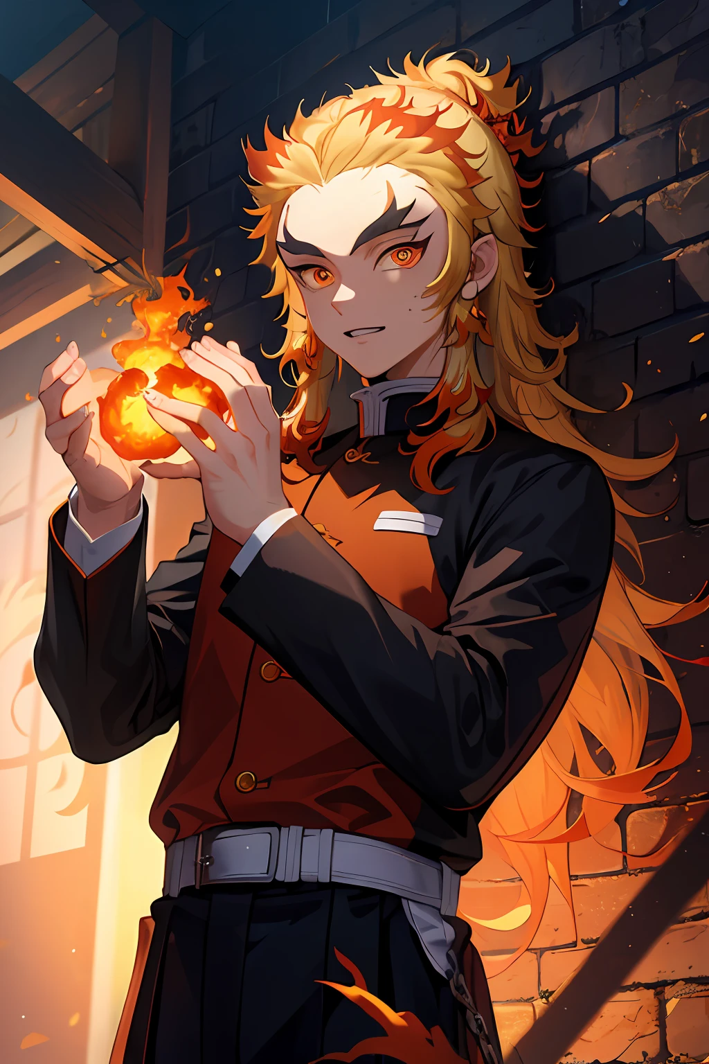 (Masterpiece, Best Quality:1.2), Orange theme, Cowboy shot, 独奏, male focus, 1boy, Rengoku Kyojuro, Smile, looking a viewer, Long hair, Split eyebrows, Demon Slayer Uniform, black jacket, long sleeves, white capelet, Black pants, White Belt, fire, low-key, darkroom, hands up, chain, basement, block wall, broken clothes, (((masterpiece))), (ultra detail), (best quality), (8k cg wallpaper), stare,