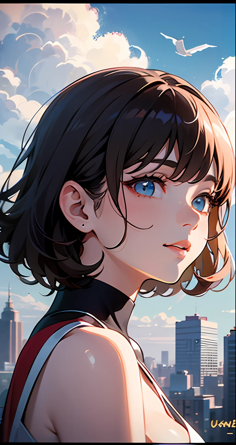 tmasterpiece，best qualtiy，cinematic Film still from，1girl，Floating in the sky，Urban Girl，brunette color hair，​​clouds，（closeup cleavage：1.1），brightly，cheerfulness，intriguing，gentlesoftlighting，（bauhause，shape，lineworks，abstracted：1.1）
