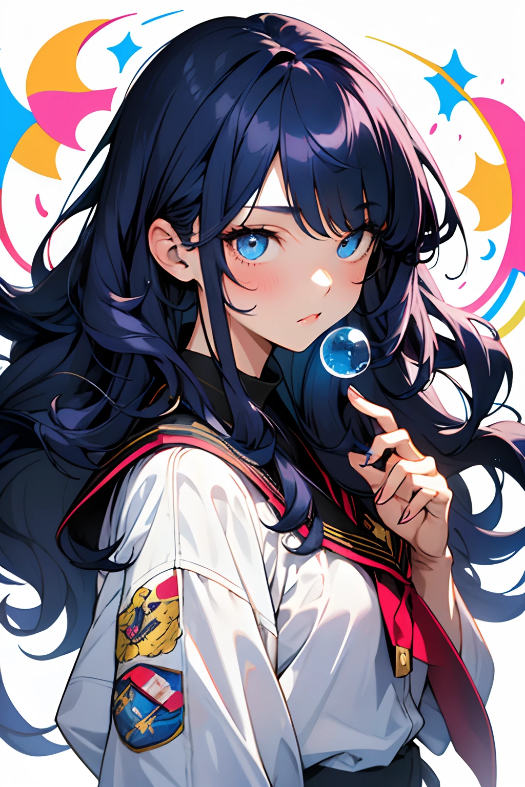 (tmasterpiece), (beste-Qualit), (overdetalization),(messy  hair),(illustartion), (a 1girl), (trendy clothes), stands, Model, looks at the viewer, (interview), (Simple background), beautiful detail eyes, Gentle beautiful face, soaring, (high saturation), (Colorful splashes), Colorful Bubble, (radiance), facial focus,  (radiance), better lighting, better shadow, (tmasterpiece, hiquality, beste-Qualit), 1girl, Medium curly hair, loose hair, navy blue hair, Front two curly strands, Bangs, blue eyes,