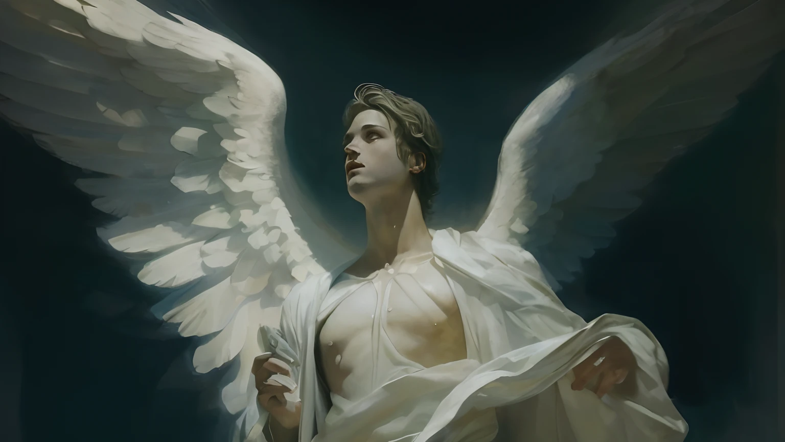 pintura de um homem com asas em um vestido branco, cheio de pinturas de anjos, anjo, biblical accurate angel, anjo protegendo o homem, Anjo majestoso de corpo inteiro, anjo super largo, Directed by: Donato Giancola, arcanjo, humano alado, hiperdetalhado | Donato Giancola, angelic, angel spirit guide, Retrato de um anjo bonito, anjo largo, angelic