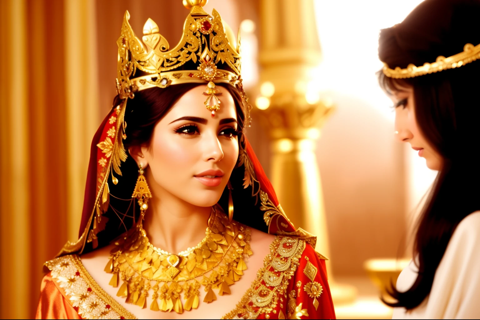 Araffe's wife in a golden dress and a crown on her head, Olivia Culpo como Milady de Winter, Princesa persa, Rainha persa, Princesa Libu antiga, wearing an egyptian crown, realeza enfeitada e incrustada, arab princess, arab princess, Egyptian Princess, 1001 noites, Princesa Jasmine, arab young monica belluci