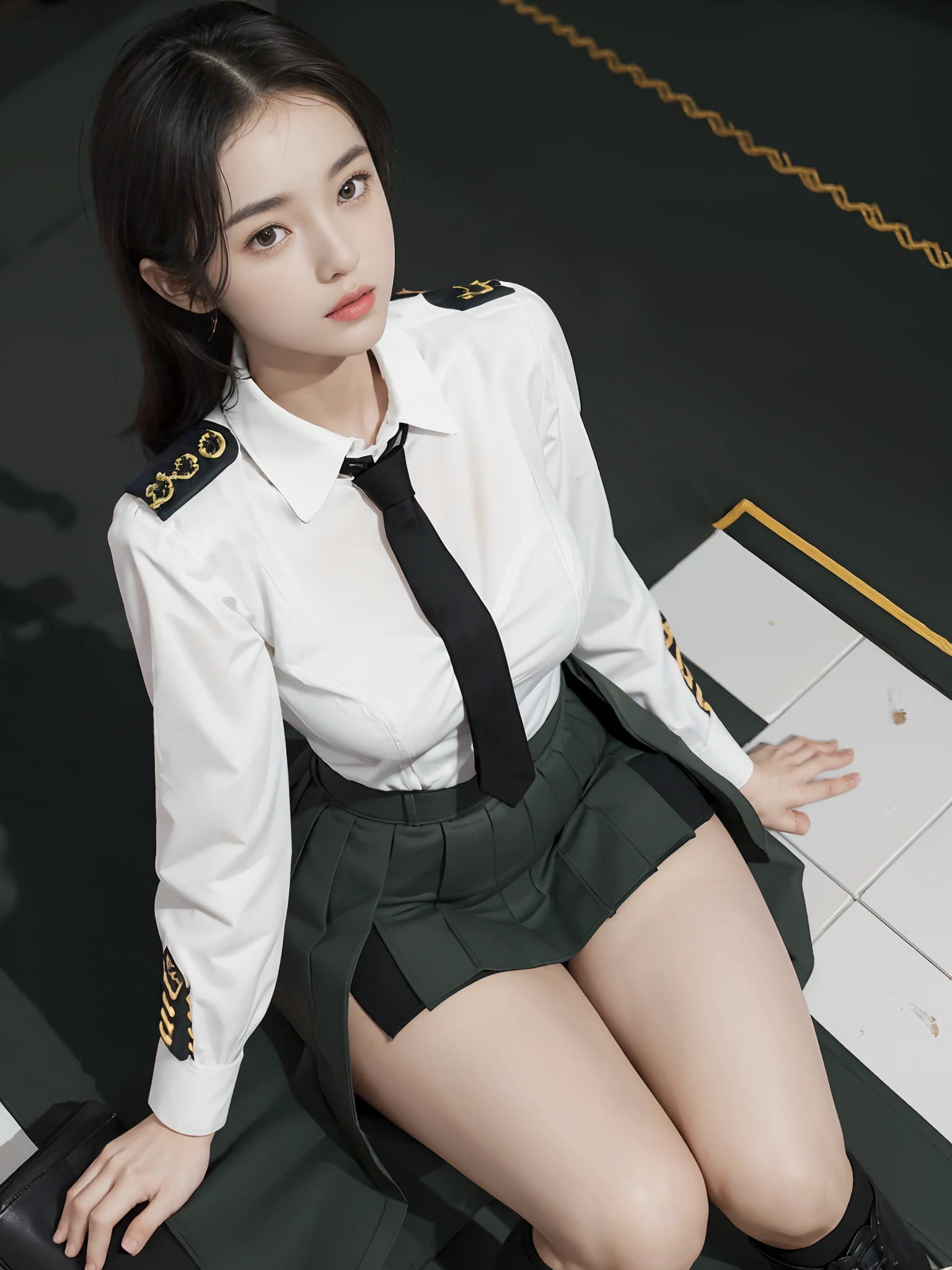 Very detailed CG unity 8K wallpaper，（tmasterpiece），（best qualtiy），（ultra - detailed），（Ultra photo realsisim），（best character detail：1.36），Nikon D750 f / 1.4 55mm，profesional lighting， physically-based renderingt, 1girll, Female soldier，army suit，Green military uniform，Fabric texture military uniform，Dark green tie，Army green skirt，military hat，Black hair，the golden ratio,[:(com rosto detalhado:1.2):0.2]:,PureErosFace_V1, broad shoulder,(Bigchest:1.5),(big assa:1.5)，Wide buttock ，Bare legged，Plump legs，Move the center of gravity back，Squat on the grass，Spread your legs apart，The skirt covers the bottom of the skirt，whitestocking，Small black leather shoes，hands lying on thighs，Soaked with sweat，red flags，At the cafe，Night Street，bright sun，Look at the audience from the front，Bright smile，White teeth，lighting，Contre-Jour，