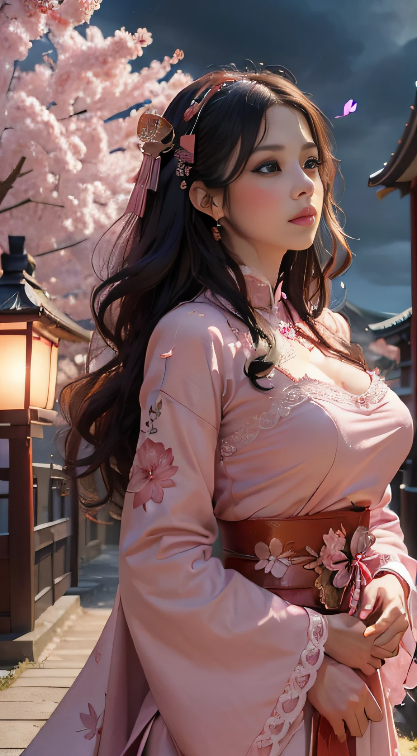 (masterpiece, best quality:1.4), (beautiful, aesthetic, perfect, delicate, intricate:1.2), (cute, adorable), (depth of field:1.2), cinematic shot, mood lighting, teasing, 1girl, mature woman, perfect female form, (perfect face, detailed face, full lips, glossy lips, blush, eyeliner, expressive eyes), (black hair, long hair, hair ribbon), (huge natural breasts, narrow waists), (red samurai delicate ornate armor), (pink petals, pink leafs), (japanese temple), storm, lightning, wind, dark clouds in the sky, looking up, hands, (cowboy shot),