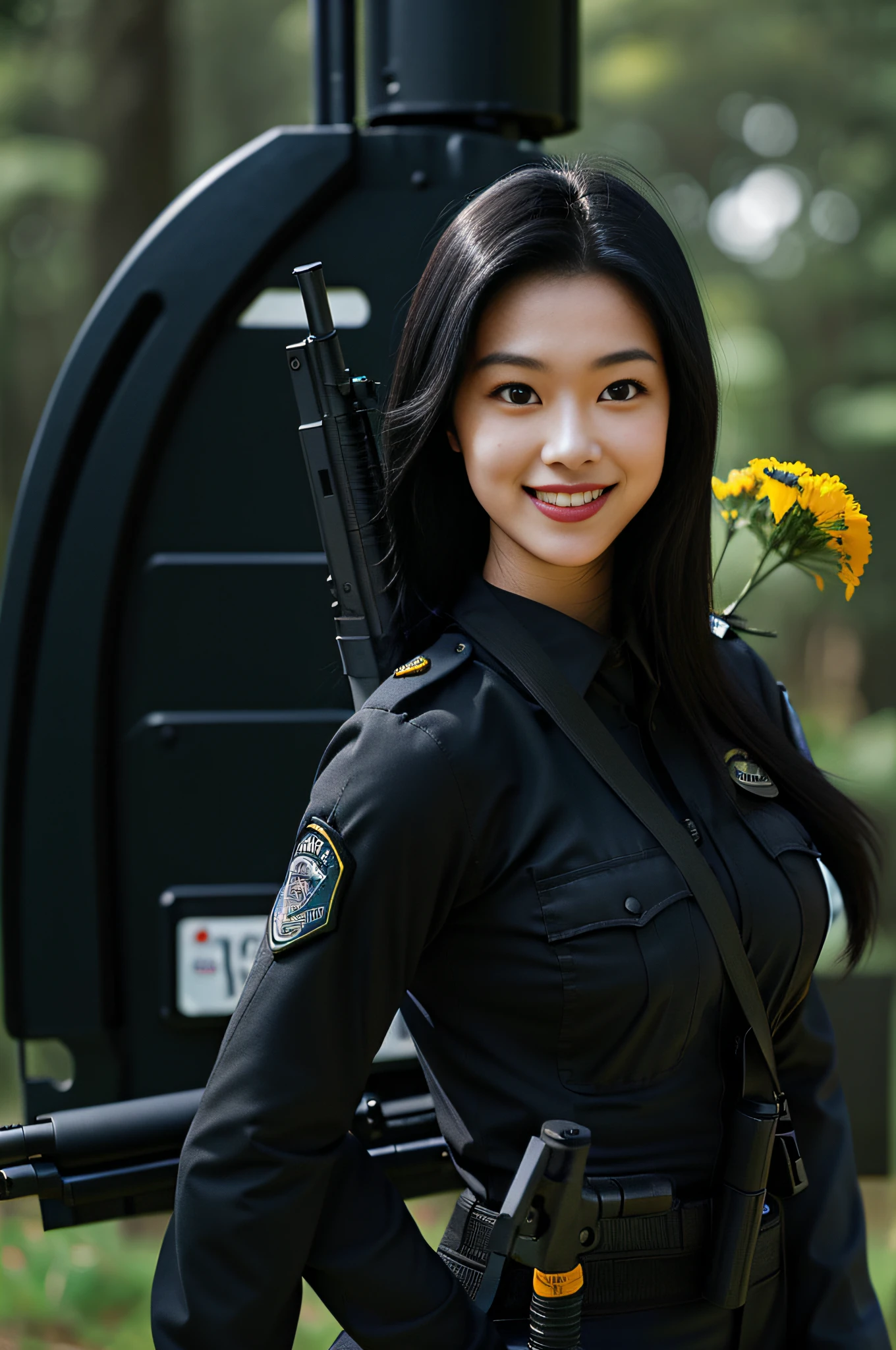 Female SWAT,Asia face,Affectionate smile,Square face close-up fill light,Long black hair,Black police uniform,Armed with a firearm,helicopter,Full body photo(Real Human)Natural realism,Firearms in hand,ln the forest,fresh flowers,lakes,perfect compositions,A high resolution