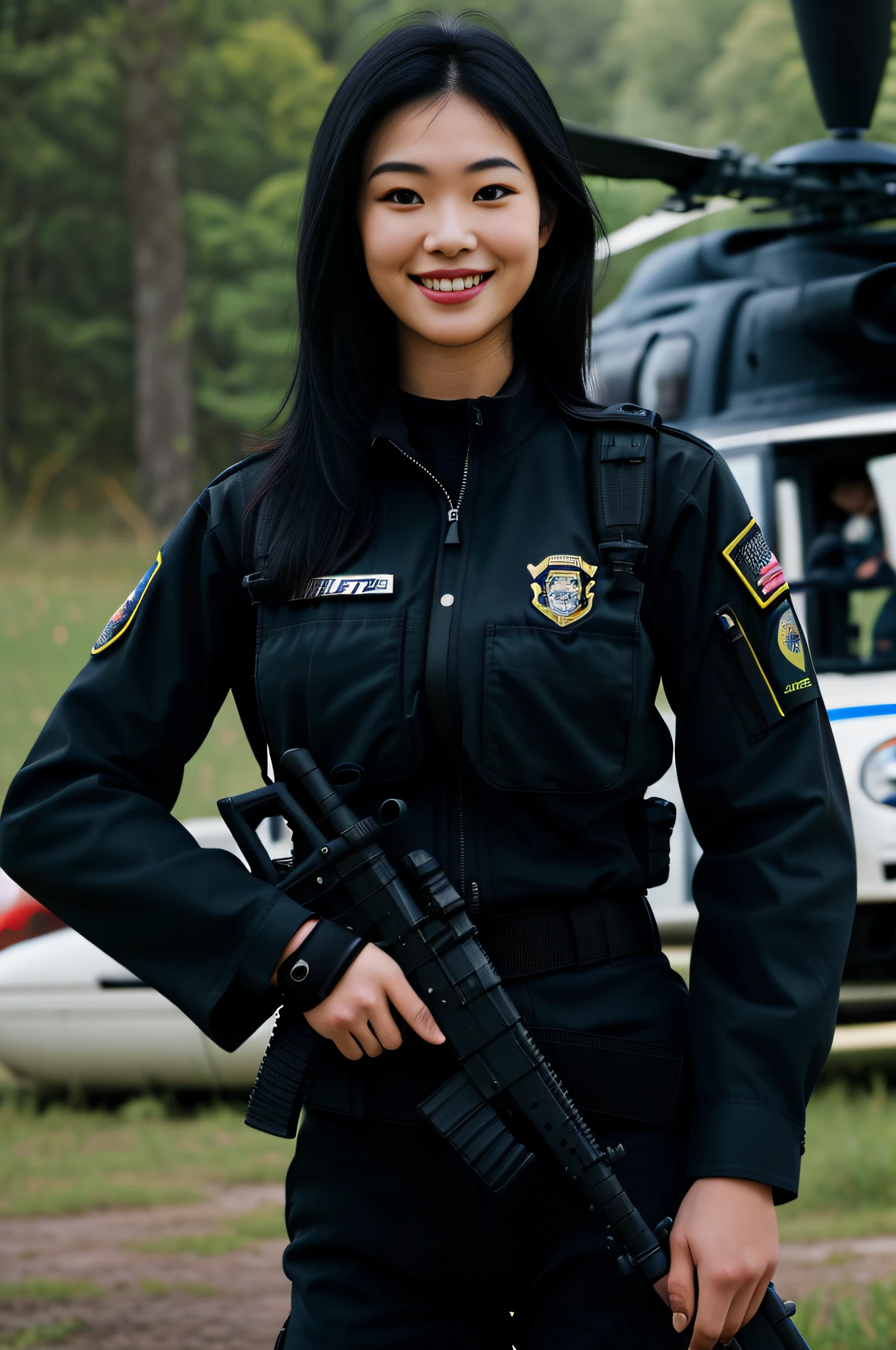 Allard woman in uniform smiling with a gun, close up portrait shot, close up portrait shot, Wearing a police uniform, Korean woman, beautiful Korean women, photograph of a techwear woman, bobby, close up half body shot, close - up portrait shot, closeup portrait, security agent, ornate korean polearm behind her, Korean girl
