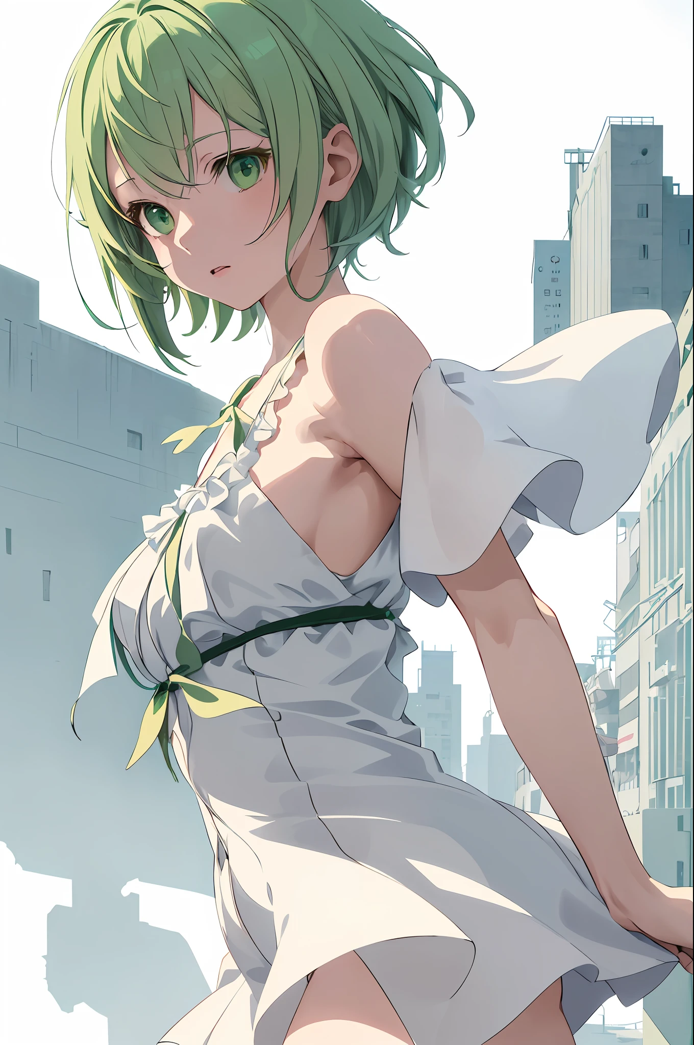 Anime girl with pale moss green hair and green eyes looking at camera, short hair and short braids、Smooth Anime CG Art, anime styled 3d, Anime style. 8K, photorealistic anime girl render, made with anime painter studio, soft anime illustration, kawaii realistic portrait, realistic anime 3 d style, detailed anime soft face, render of a cute 3d anime girl, soft portrait, Stylized anime、(White background:1.4), Original,(illustratio:1.1),(Top image quality),(masterpiece:1.1),(Ultra-fine CG unified 8k wallpaper), (colourfull:1.2) (Ink splashing),(Color splattering),((watercolor paiting)), (urban backdrop、highrise buildings)、Clear Sharp Focus、 colorwater、