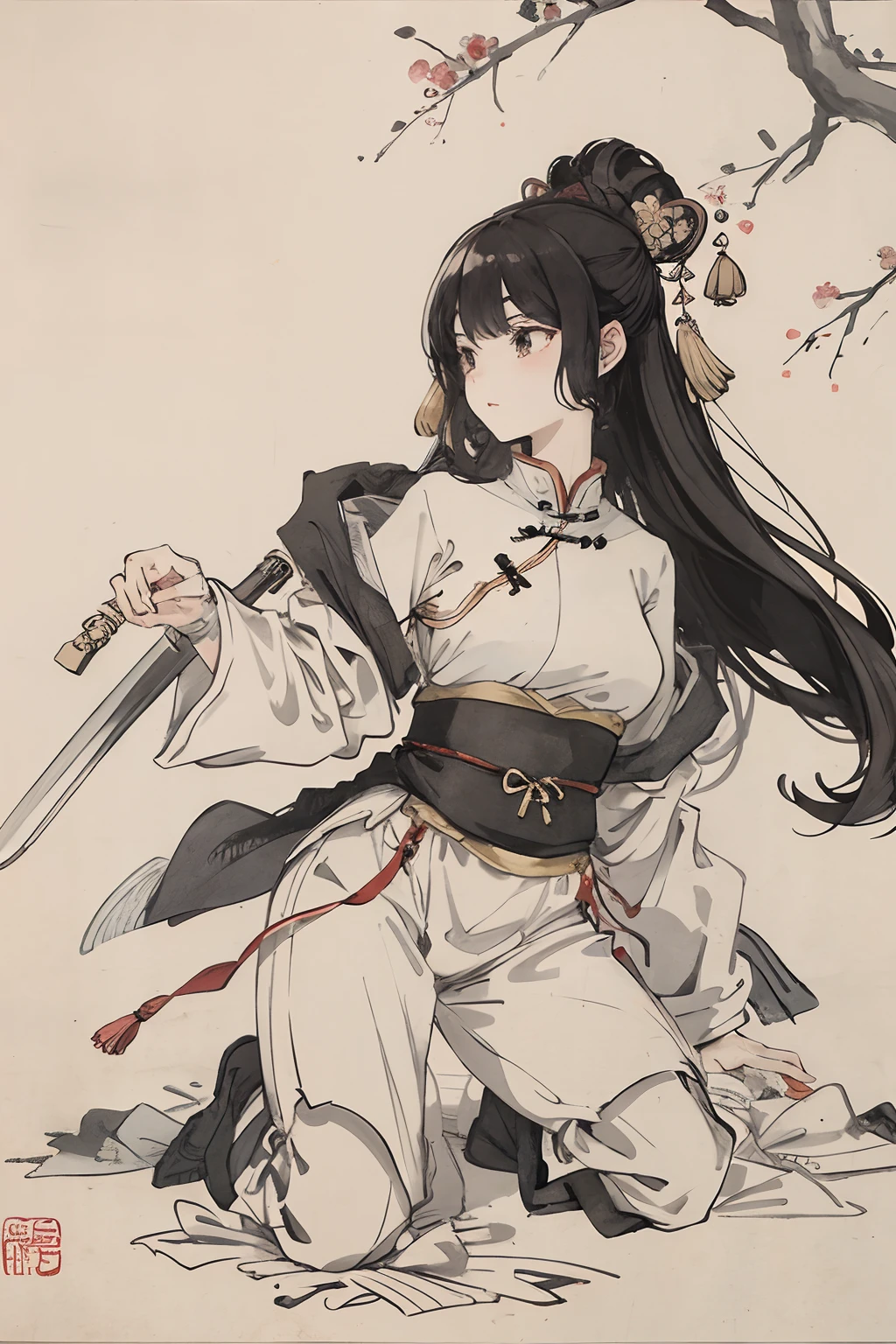 (tmasterpiece,best qualtiy:1.2),Tradition Chinese Ink Painting,Stand and draw your sword,Fairy style
