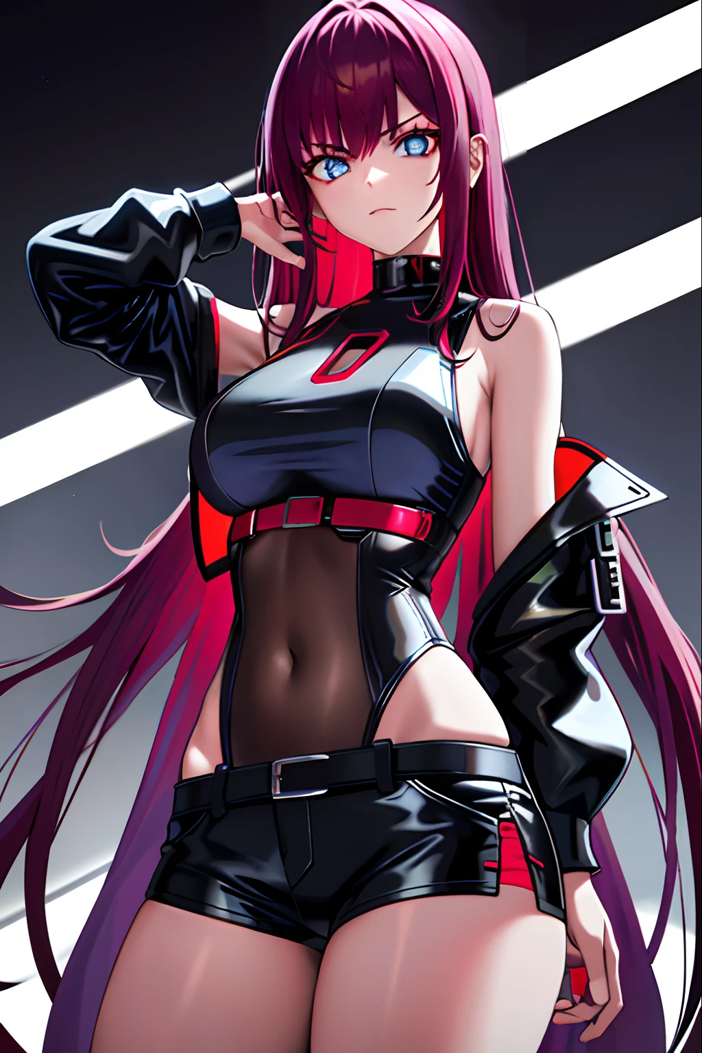 cyberpunk edgerunners, 1girl, lucy \(cyberpunk\), Bare shoulders, eBlue eyes, nedium breasts, looking at viewert, mediuml breasts,, cropped shoulders, Red eyeliner, long whitr hair, Ultra shorts solo, Crop topping,whaite hair,((tmasterpiece))