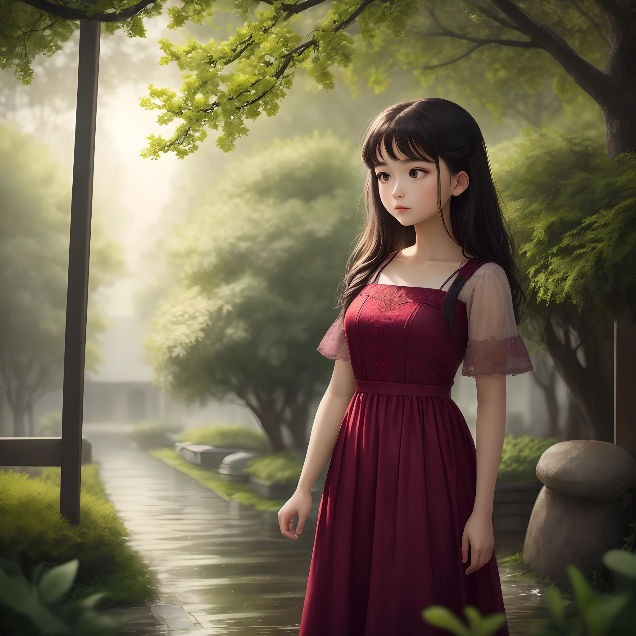 Scene: A serene and enchanting cityscape in the midst of a gentle drizzle, as nature awakens with vibrant hues and delicate green sprouts emerge from tree branches. A young girl, gracefully adorned in an exquisite flowing dress, stands prominently in the frame, captivating all who behold her beauty.
Keywords: Rain-soaked ambiance, Blossoming greenery, Majestic tree branches, Elegantly dressed girl, Substantial presence.
Camera Type: Vintage film camera.
Camera Lens Type: Wide-angle lens to capture the expansive beauty of the scene.
Time of Day: The soft twilight moments when day transitions into night, casting a magical glow upon everything it touches.
Style of Photograph: Dreamlike and ethereal, with a touch of nostalgia and innocence.
Type of Film: Kodak Ektar film, enhancing colors and adding a timeless quality to the image.
Midjourney prompt: A rain-kissed ambience envelops a picturesque cityscape, where lush green sprouts emerge from tree branches under the gentle drizzle. In the foreground, a majestic girl, donning an alluring flowing dress, commands attention in this vintage film photograph. Her substantial presence in the frame evokes a sense of wonder and captivation