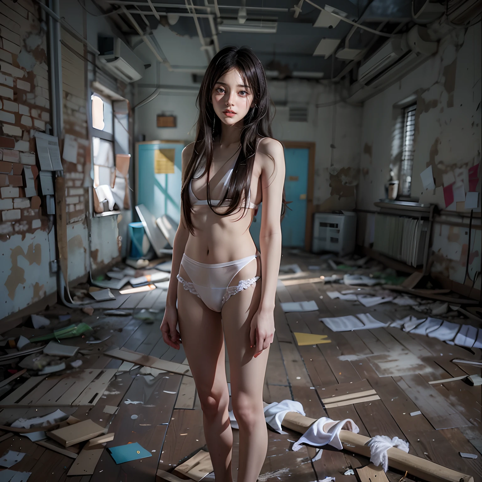 Abandoned schools,Sexy standing pose,Full body portrait 1.1,18-year-old high model,Random white transparent small size underwear and panties,lean and slender body,As thin as a whipping post,Skinny,The barefoot,Random nudity throughout the body1.1,(Random exposure of genitals1.2),facing to audience