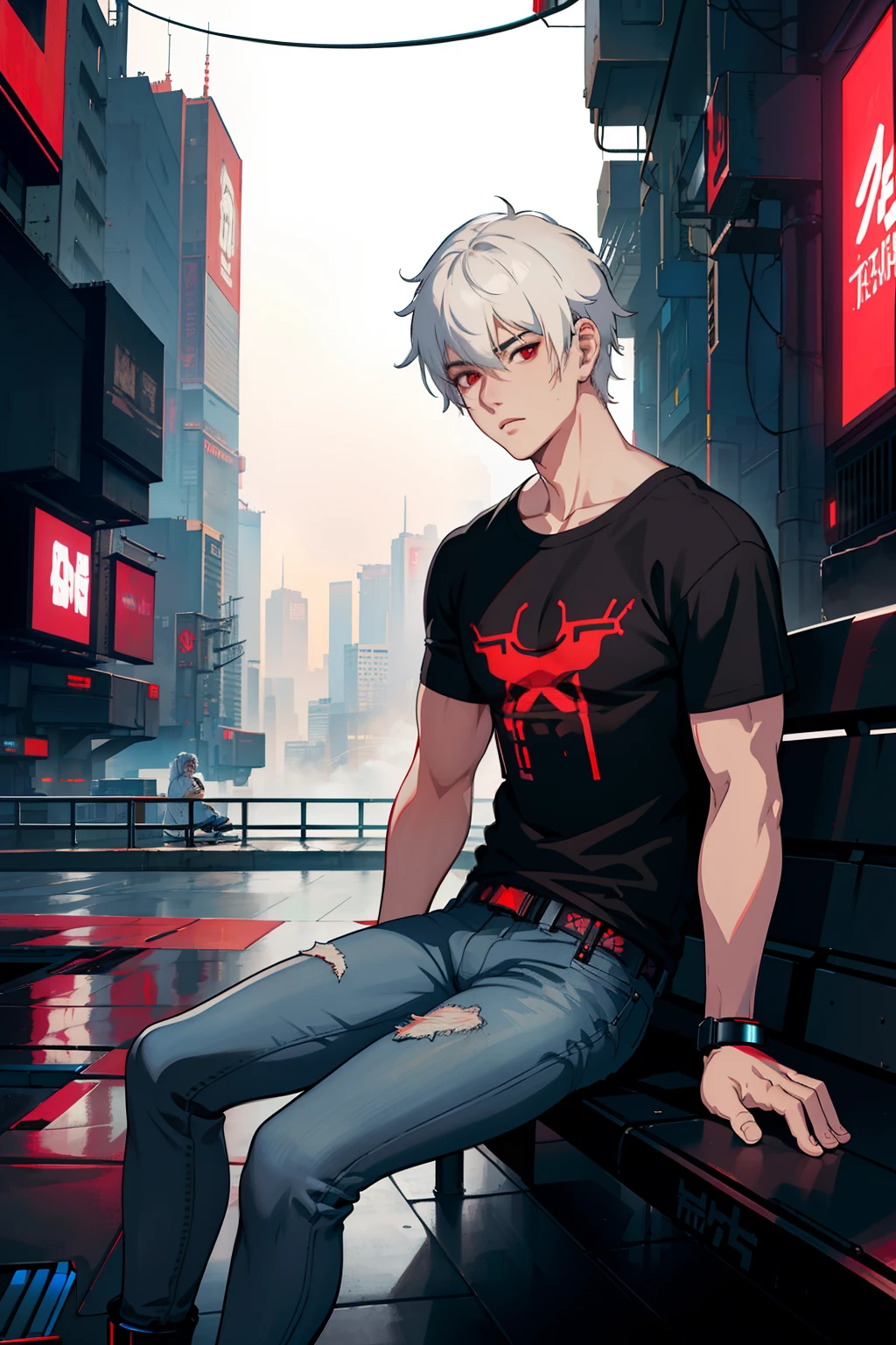 masterpiece, high quality, best quality, beautiful, hd, realistic, perfect lighting, detailed face, detailed body, 1 man, (white hair), red eyes, manly, (brutal), black t-shirt, jeans, sitting on a bench, ((cyberpunk)), (fog), shocked