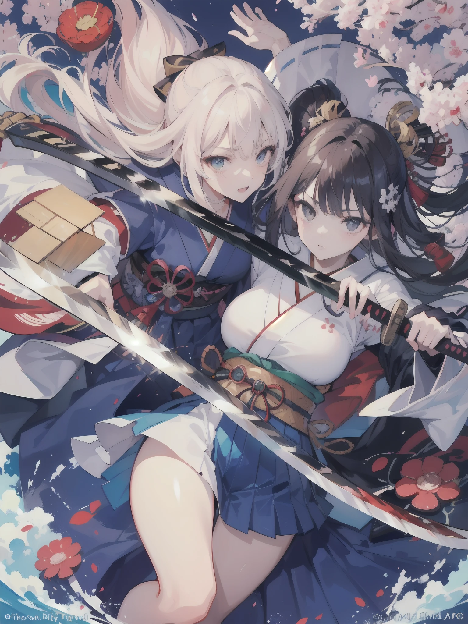 (fullllbody), 1 Samurai Girl, (beautifully detailed eyes), (beautiful and detailed face), Perfect female body, (neat figure:1.2), Slender waist, (18year old), Very big eyes, (Sober haori hakama:1.4), (Black Gauntlet), )Perfect Sam Live Raid:1.4), (The Ultimate Japan Sword:2), (Japan's famous sword:1.6), (Beautiful sword ripples), (Beautiful curved blade), (Blades without distortion:2), Perfect sword hilt, ((Flashy sword fighting:1.6)) ,(Fight one-on-one with male samurai:1.2), blood splashing, (top-quality), (ultra-detailliert), (masuter piece), (hight resolution), (Photorealsitic:1.4), (Dynamic Angle:1.2), (Original), (the Extremely Detailed CG Unity 8K Wallpapers), Character Design, Game CG, Detailed Manga Illustration, Realistic head-to-body size ratio:1.2, anime keyvisual,In the precincts