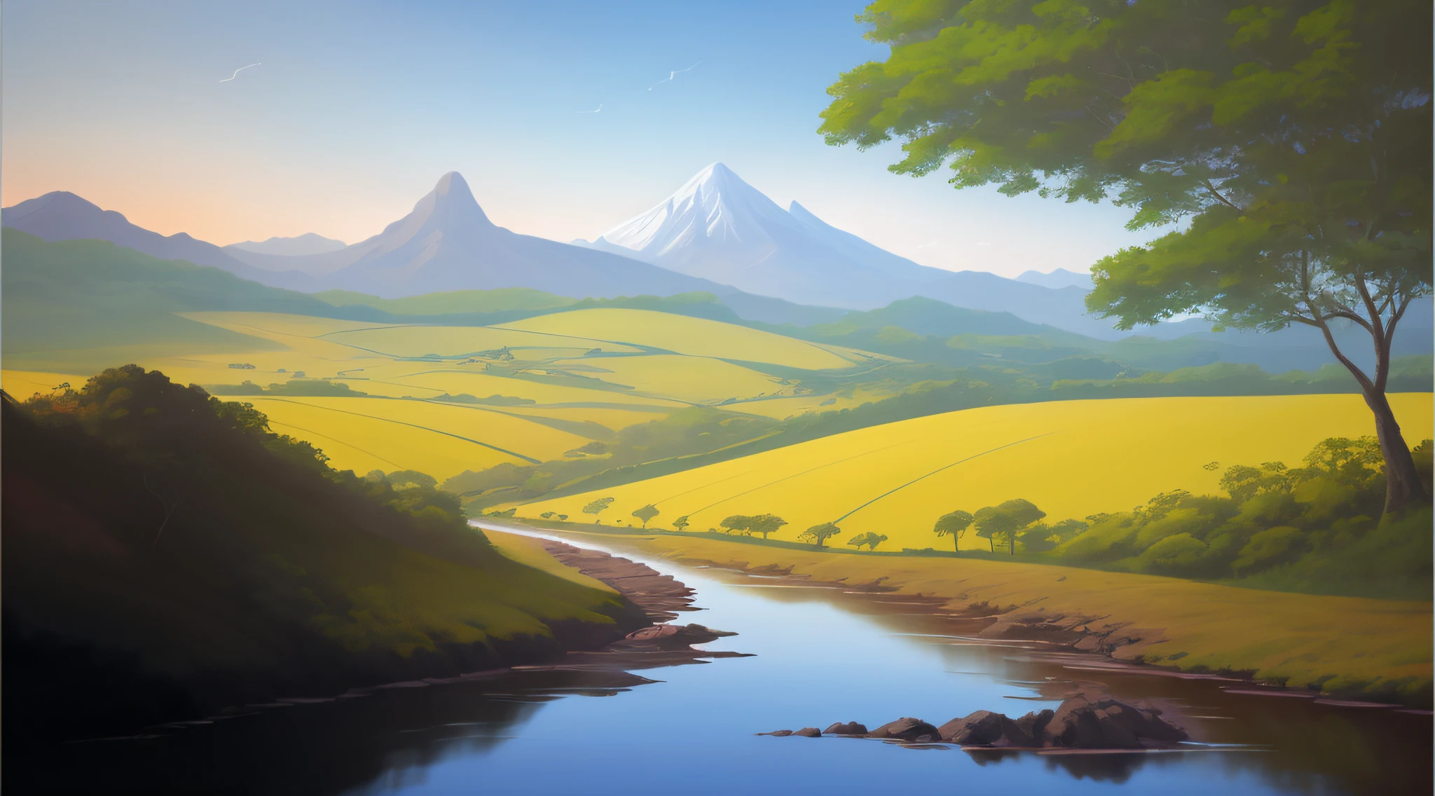 pintura de uma paisagem de montanha com um riacho e uma ponte, papel de parede de paisagem, Pintura digital 4k, Arte bonita UHD 4K, Pintura digital 4K, Pintura digital fosca 4K HD, arte de fundo, Pintura Digital HD, Pintura Digital HDR, pintura digital bonita, Pintura digital de fantasia, 8k resolution digital painting, 8k resolution digital painting, paisagem de sonho