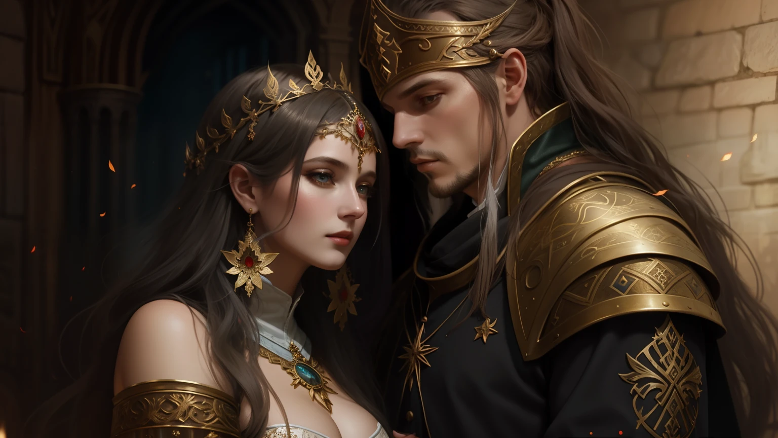 uma pintura de um homem e uma mulher vestidos com roupas medievais, Tuomas Korpi e Wlop, Karol Bak e Peter Mohrbacher, Wlop e Andrei Riabovitchev, Arte de fantasia 4k, arte do jogo de fantasia medieval, elegant cinematic fantasy art, arte de fantasia detalhada, arte de fantasia medieval, arte fantasia behance, 4K fantasia detalhe, Arte de fantasia 8k