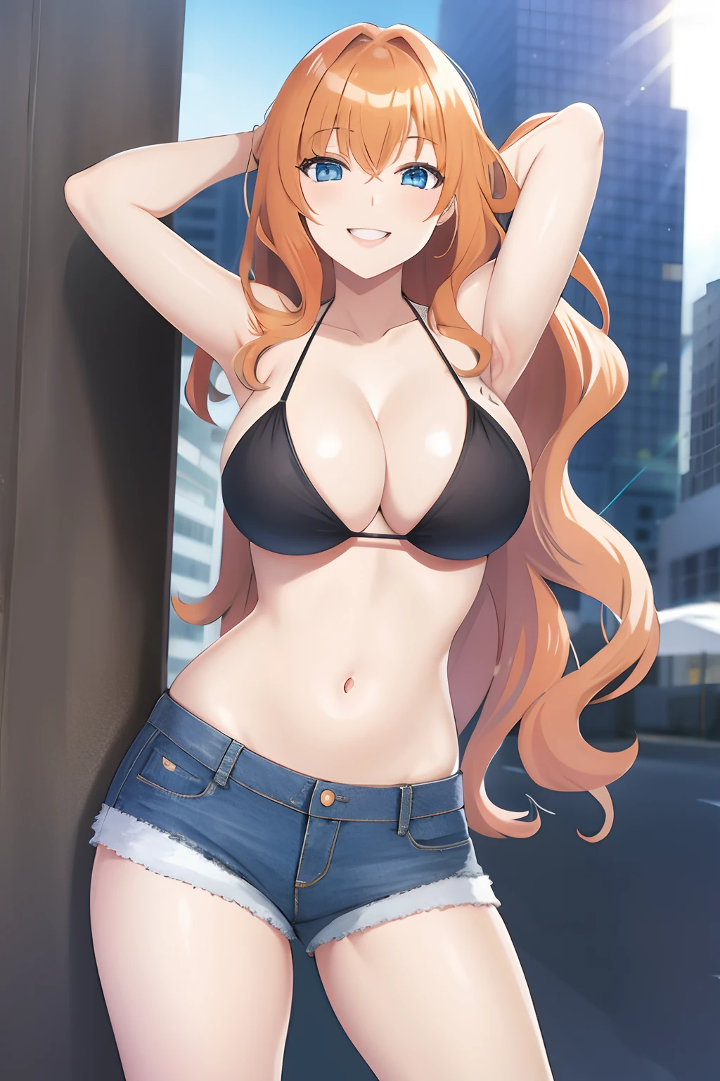 girl, orange hair, wavy hair, blue eyes, big breasts, black bikini top only, denim shots, hand on head, dientes apretados, seductive smile, city