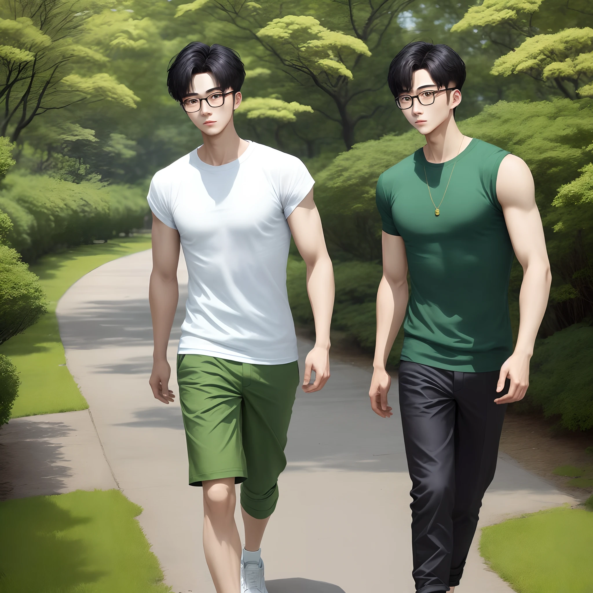 A handsome boy with glasses,Korean style three and seven points,夏天,Wear a loose white sleeveless crewneck T-shirt,Green cropped pants,Hands drooping,Walk in the greenery of the park