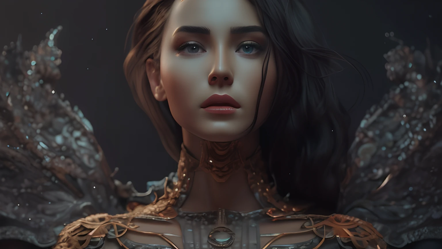 uma mulher com asas e um fundo escuro, Arte digital altamente detalhada em 4k, Grande arte digital com detalhes, Retrato VFX altamente detalhado, Wojtek FUS, unreal engine render + uma deusa, Arte digital realista 4K, Arte digital realista 4K, wlop intrincado, bela arte digital, 3d render trending on artstation, arte digital ultra-detalhada