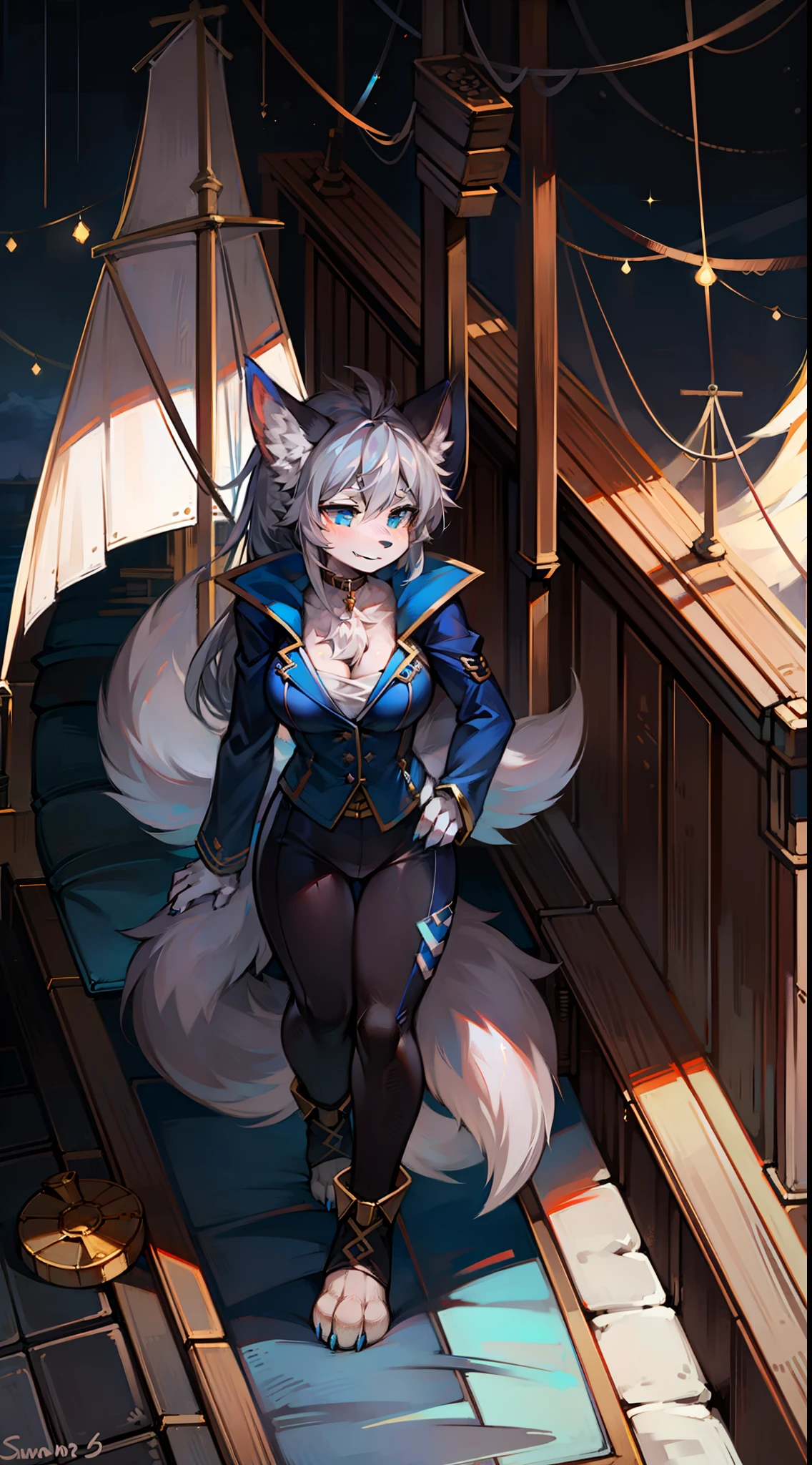 pirate ships,Captain's suit,Big-tailed wolf,blue color eyes,Gray hair,female