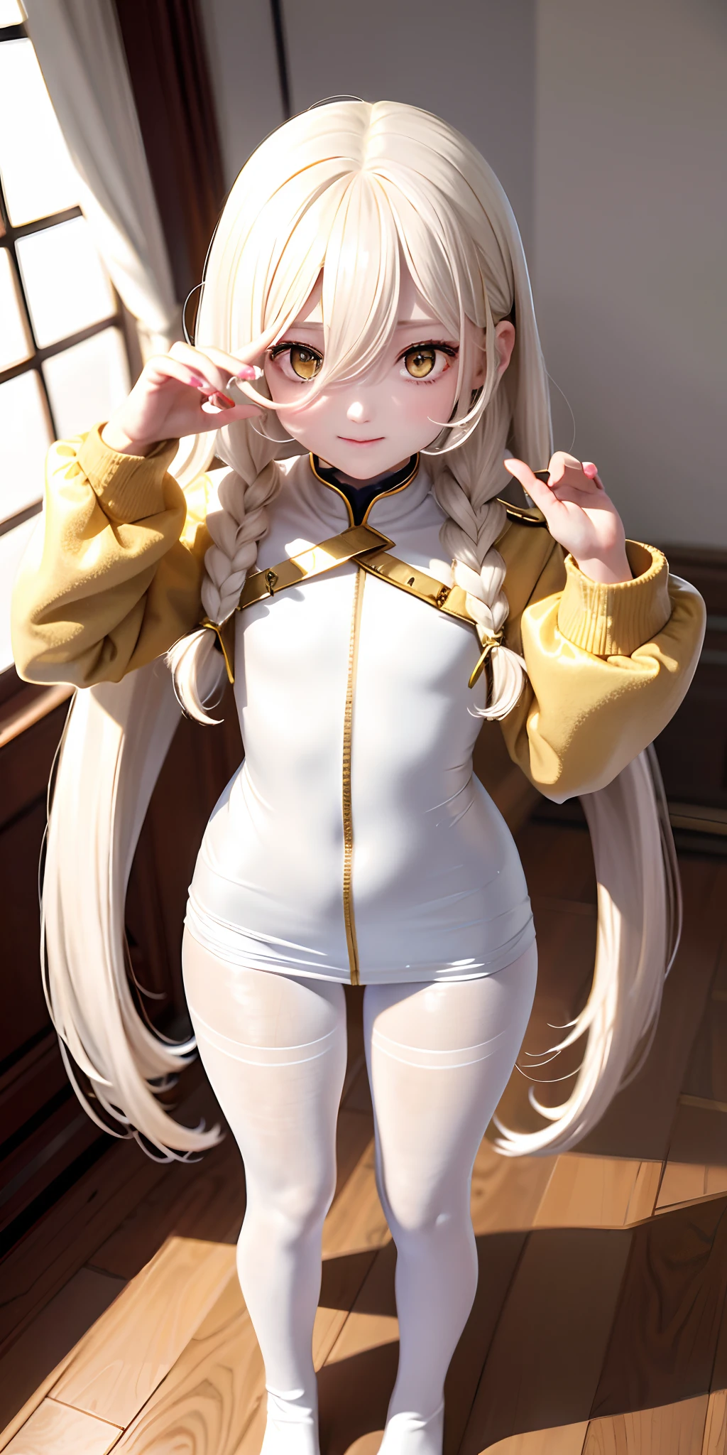 Need,tmasterpiece,whaite hair,Golden eyes,Manteau blanc,Look up,Full body photo,Hairline,Fair skin,SideBraid,White pantyhose,ssmile;