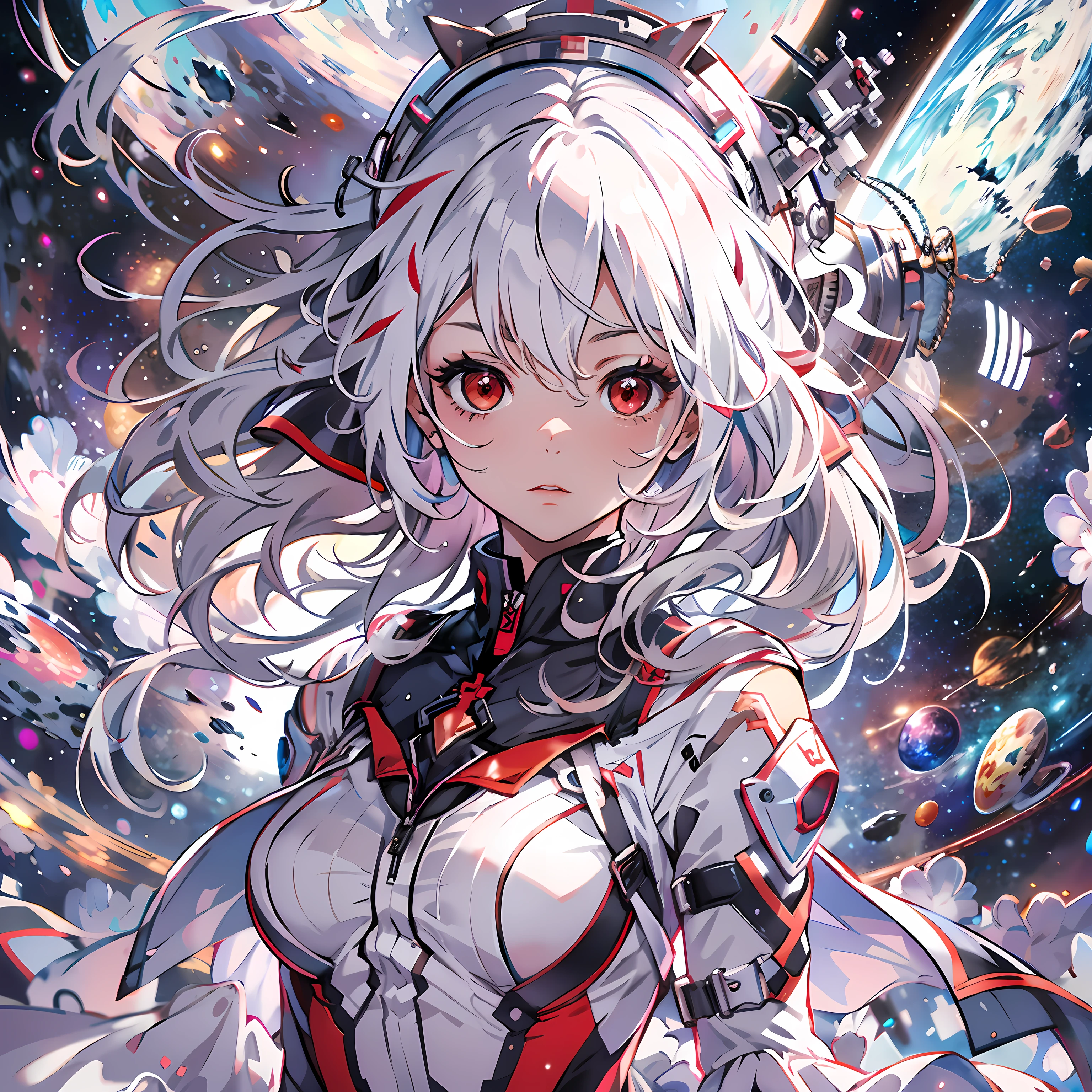 masterpiece,best quality,1girl,aafrie,[green eyes|blue eyes],long hair,white hair,twintails,pointy ears,thick eyebrows,flat chest,(chest armor),mecha musume,white theme,bodysuit,fortified suit,mechanical parts,robot joints,headgear,full armor,expressionless,looking at viewer,action pose,outer space,science fiction,