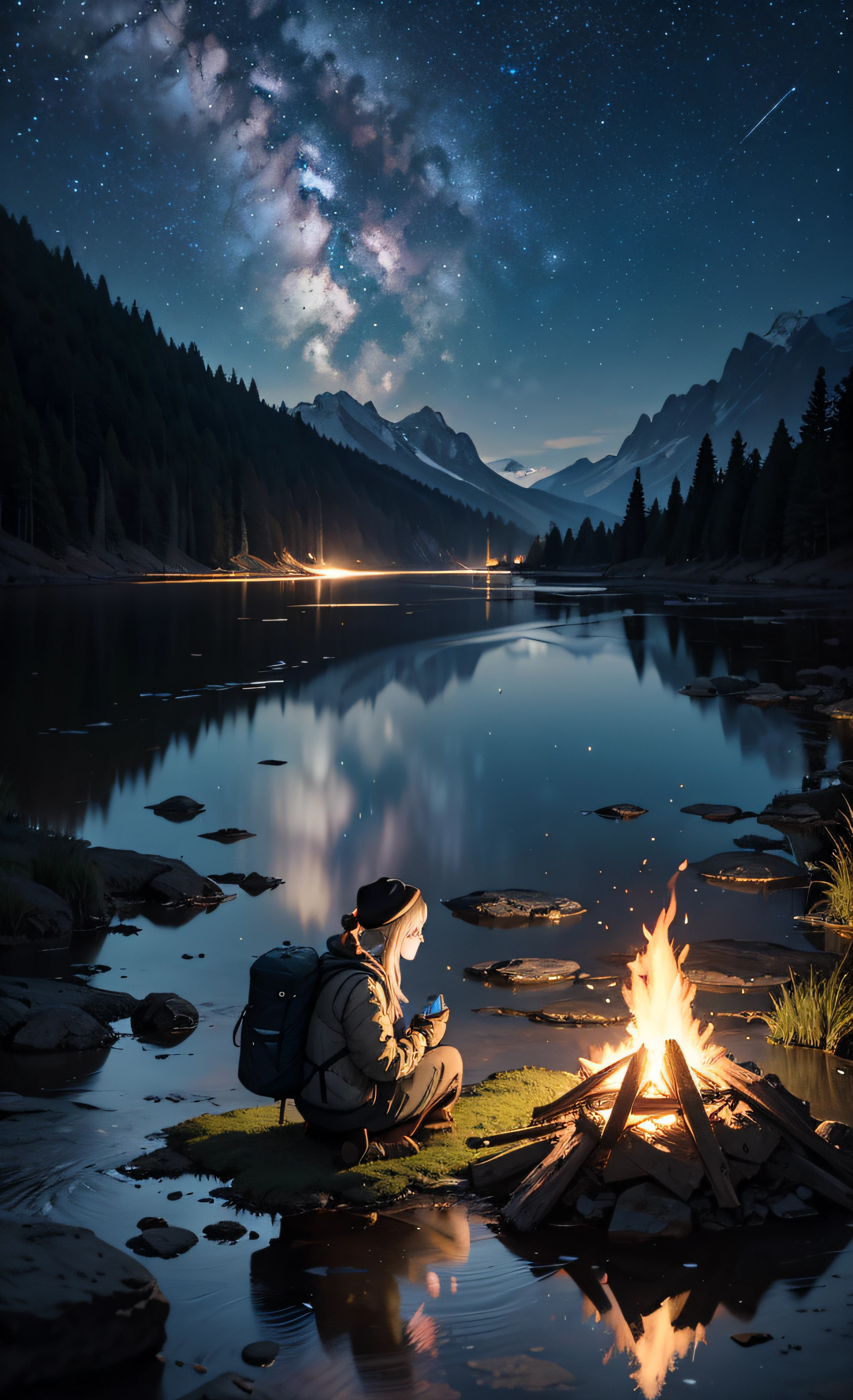 masterpiece, best quality, ultra-detailed, illustration, 1girl, solo, outdoors, camping, night, mountains, nature, stars, moon, bonfire, tent, twin ponytails, green eyes, cheerful, happy, backpack, sleeping bag, camping stove, water bottle, mountain boots, gloves, sweater, hat, flashlight, forest, rocks, river, wood, smoke, shadows, contrast, clear sky, constellations, Milky Way, peaceful, serene, quiet, tranquil, remote, secluded, adventurous, exploration, escape, independence, survival, resourcefulness, challenge, perseverance, stamina, endurance, observation, intuition, adaptability, creativity, imagination, artistry, inspiration, beauty, awe, wonder, gratitude, appreciation, relaxation, enjoyment, rejuvenation, mindfulness, awareness, connection, harmony, balance, texture, detail, realism, depth, perspective, composition, color, light, shadow, reflection, refraction, tone, contrast, foreground, middle ground, background, naturalistic, figurative, representational, impressionistic, expressionistic, abstract, innovative, experimental, unique, cinematic