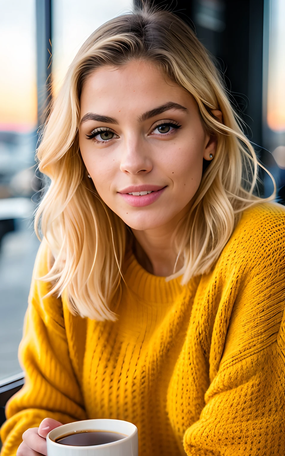 Beautiful blonde wearing yellow sweater (com fone de game e tomando cafe), muito detalhado, 21 anos, rosto inocente, cabelo ondulado natural, olhos azuis, alta resolução, obra-prima, melhor qualidade, detalhes intrincados, altamente detalhado, Clear focus, pele detalhada, textura de pele realista, textura, olhos detalhados, profissional, 4k, sorriso encantador, filmado em Canon, 85mm, profundidade de campo rasa, kodak vision color, corpo de ajuste perfeito, extremamente detalhado, foto_\(ultra\), fotorrealista, realista, Post-processing, maximum detail, aspereza, vida real, ultra realista, fotorrealismo, fotografia, 8k uhd, fotografia