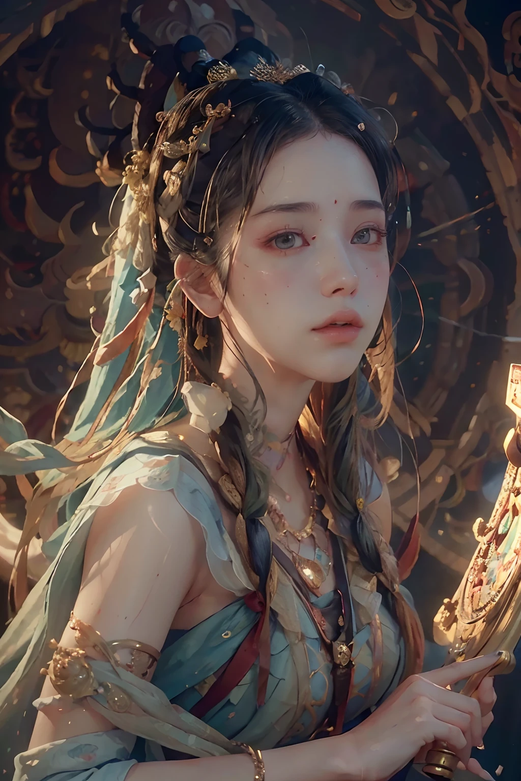 (RAW photo, best quality), (realistic, photo-realistic:1.3),best quality,highly detailed,masterpiece,ultra-detailed,illustration,1girl,upper_body,dynamic angle,world masterpiece theater,messy_long_hair,best quality,extremely detailed CG unity 8k wallpaper,ink,Amazing,cinematic lighting,lens_flare,,dunhuang_style