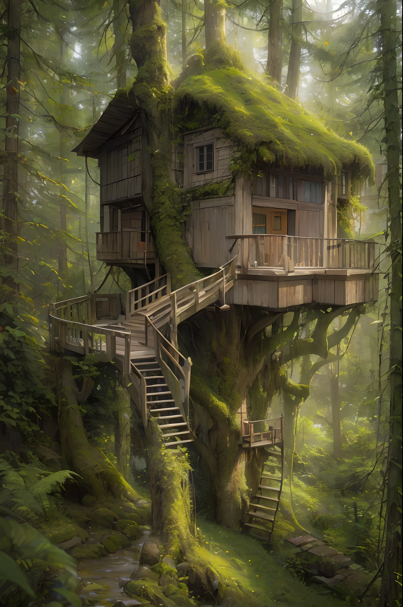 A treehouse built in a mossy primeval forest. The treehouse is built on the high branches of a very large, large tree. I wonder how they could have built it so high up. The primeval forest is covered with moss and a large tree has fallen down. Woodpeckers, squirrels, and owls are visiting the treehouse. The inhabitants of the treehouse climb up and down the long, long ladder to the house. Background///Composition with a view into the distant wilderness. The morning sun creates beautiful and dramatic shadows.effect///Fluffy pastel colors.fine brushes,（XF 35mm F1.4 R,F1.4,maximum aperture (e.g. in photography),become blunt:1.5） Rough, detailed watercolour, soft and fantastic, pastel, Fluffy, (extremely fine and beautiful), (perfect detail)、(pastel color),Soft texture:1.2.(masutepiece, Best Quality), (finely detailed beautiful eye), (finely detailed eyes and detailed face),The tones are also visibly luminous.Pale blurred contours,Unobtrusive lighting, moody atmosphere,subtle highlights