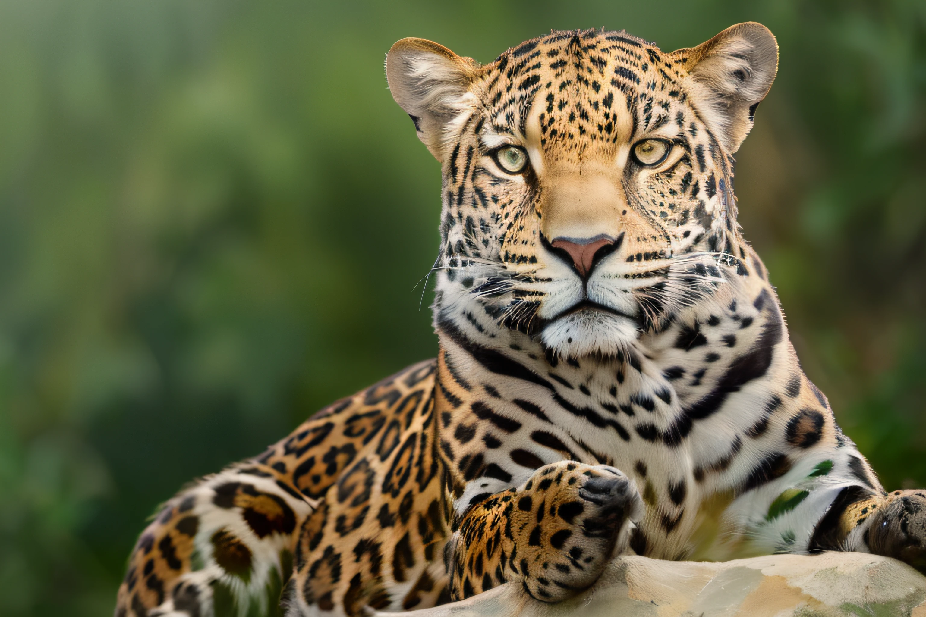 There is a leopard that is sitting on a rock, Jaguar, amazonian, foto de retrato, Olhar peruano, fierce expression 4k, feroz - olhando, retrato", beleza estonteante, amazing beauty, Foto de Stock, serious look, bela foto, closeup 4k, Directed by: Jakob Gauermann, olhar agressivo, Shutterstock, olhar tenso, foto de retrato em close-up, seductiveexpression