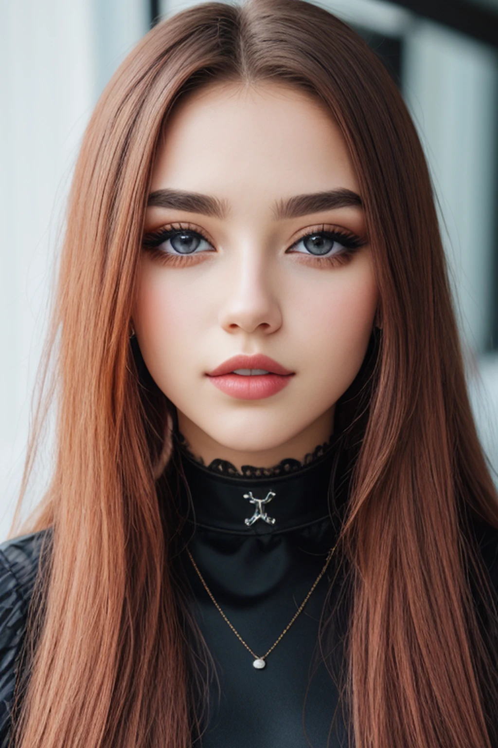 choker, eyes, eyeshadow, pupils, eyebrows, nose, lips, teeth, face, hair, long hair, 1girl, solo