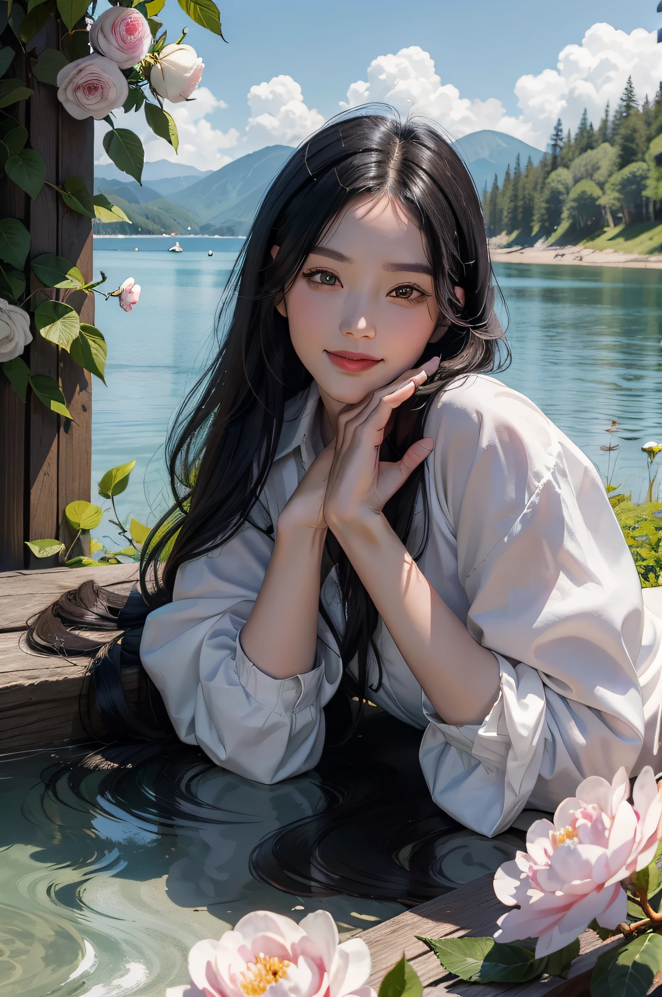 Female SWAT，An affectionate smile，Square face close-up fill light，Long black hair，Black police uniform，Full body photo（Real Human）Natural realism，ln the forest，peony flower，camelliamix，Rose flower，lake water，helicopter，with blue sky and white clouds，perfect compositions，A high resolution