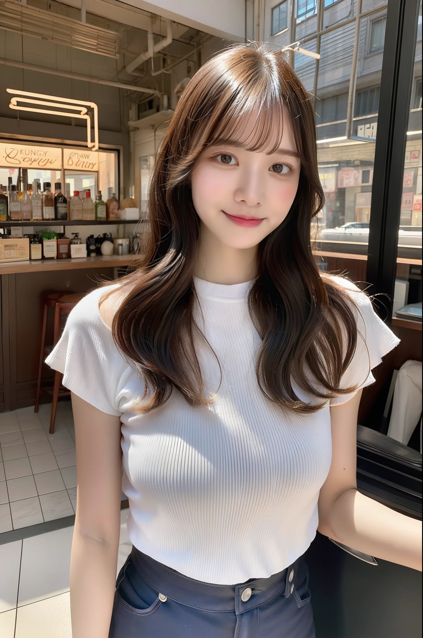 1girl in、in 8K、Raw photography、top-quality、​masterpiece、realisitic、Photorealsitic、1girl in、Daytown、Pulling photo、de pele branca、Inside the  shop、warm light、Longhaire、a bar counter、Sheer sunlight、The city of Tokyo、pretty skin