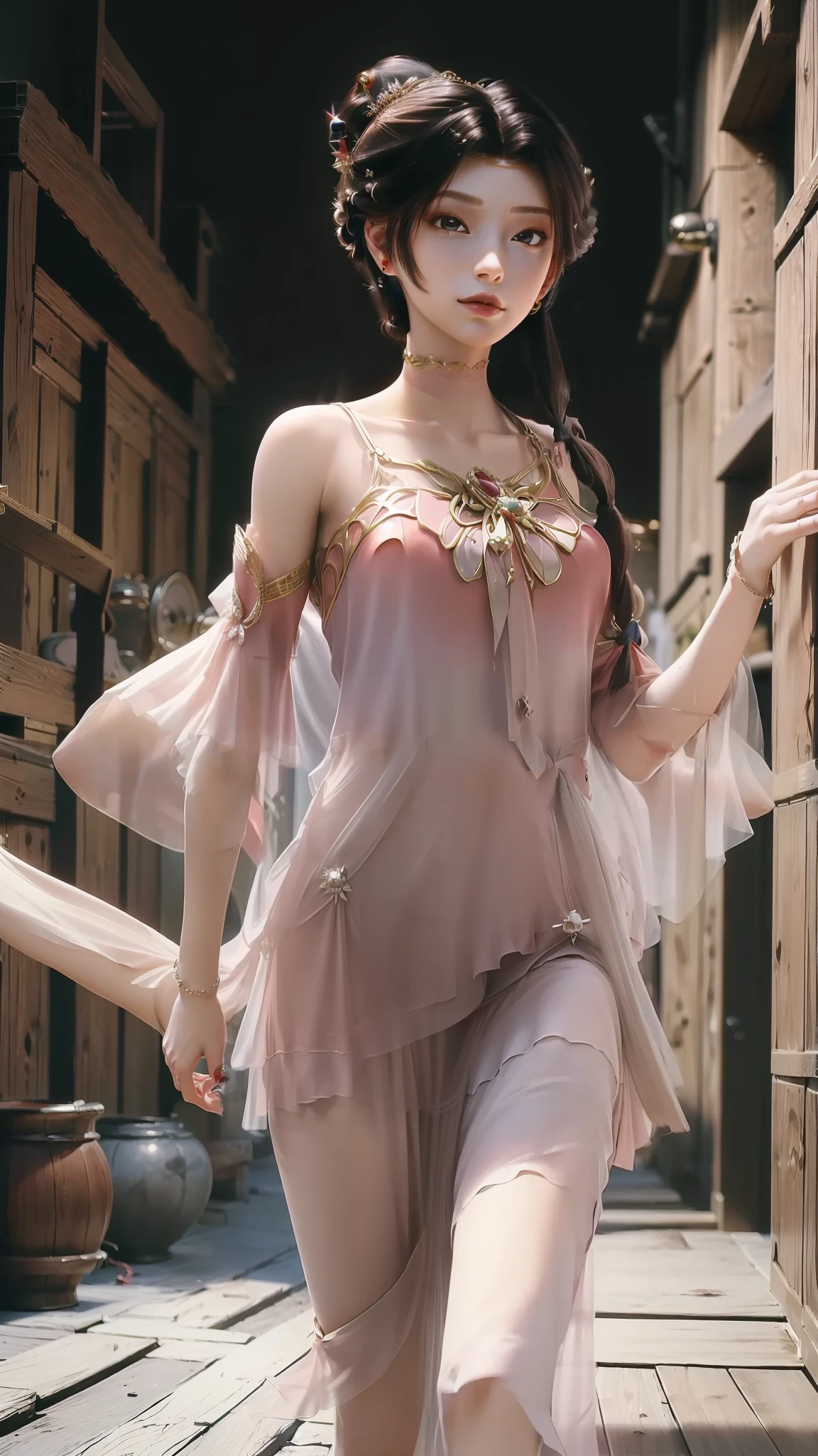 ((Best Picture Quality, 8k, tmasterpiece:1.3)), 1girl, Beautiful woman with slender abs:1.3, (Casual hairstyle), Princess dress:1.1, Ultra-fine face, A detailed eye, 二重まぶた,ssmile,Home