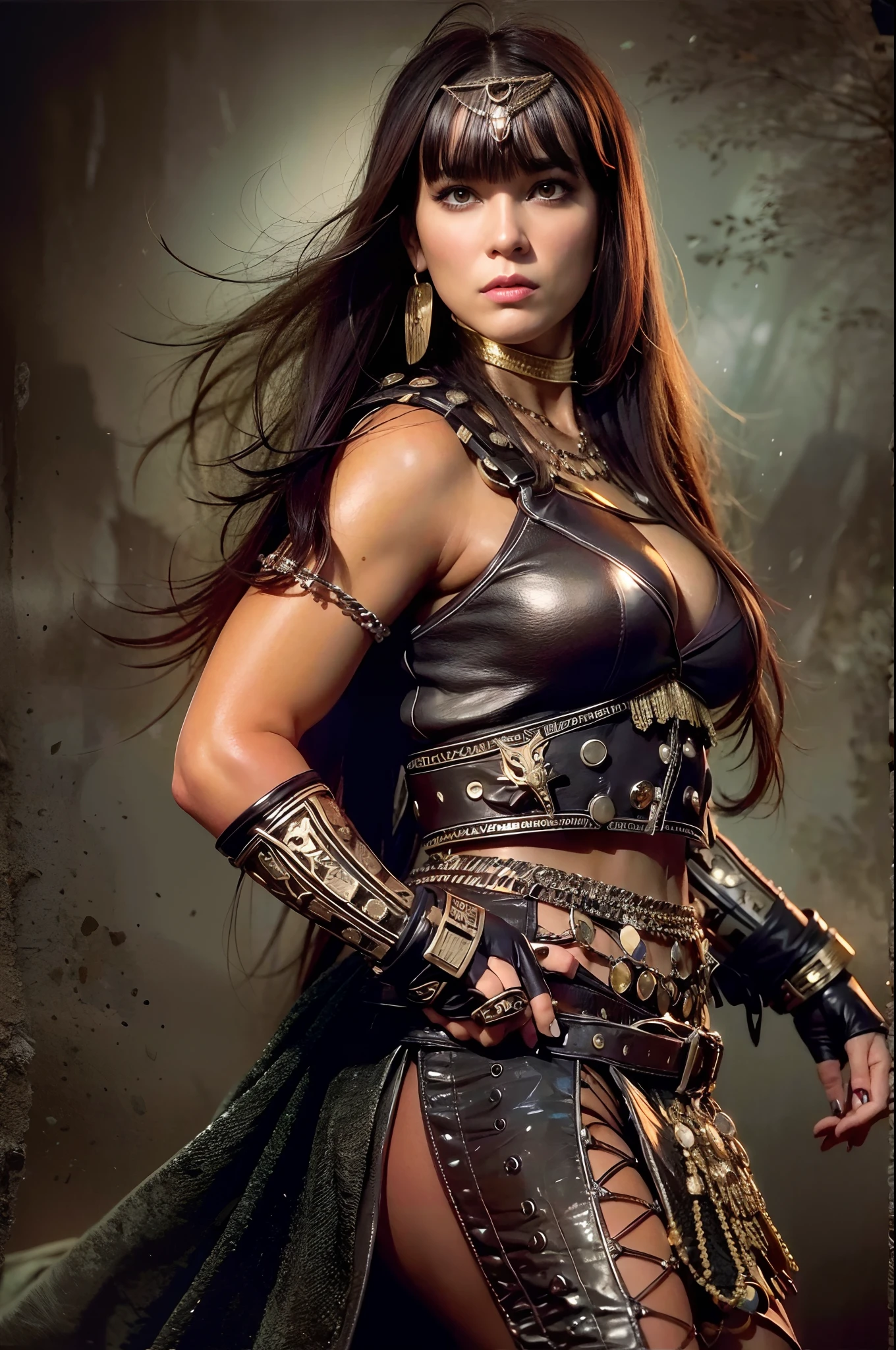 Una mujer vestida como Xena, The warrior princess and with a strange style of hair and makeup, Pose for the cover of a rock metal album. (La mejor calidad) obra maestra (pechos grandes) ((cabello rubio)) (cuerpo delgado)