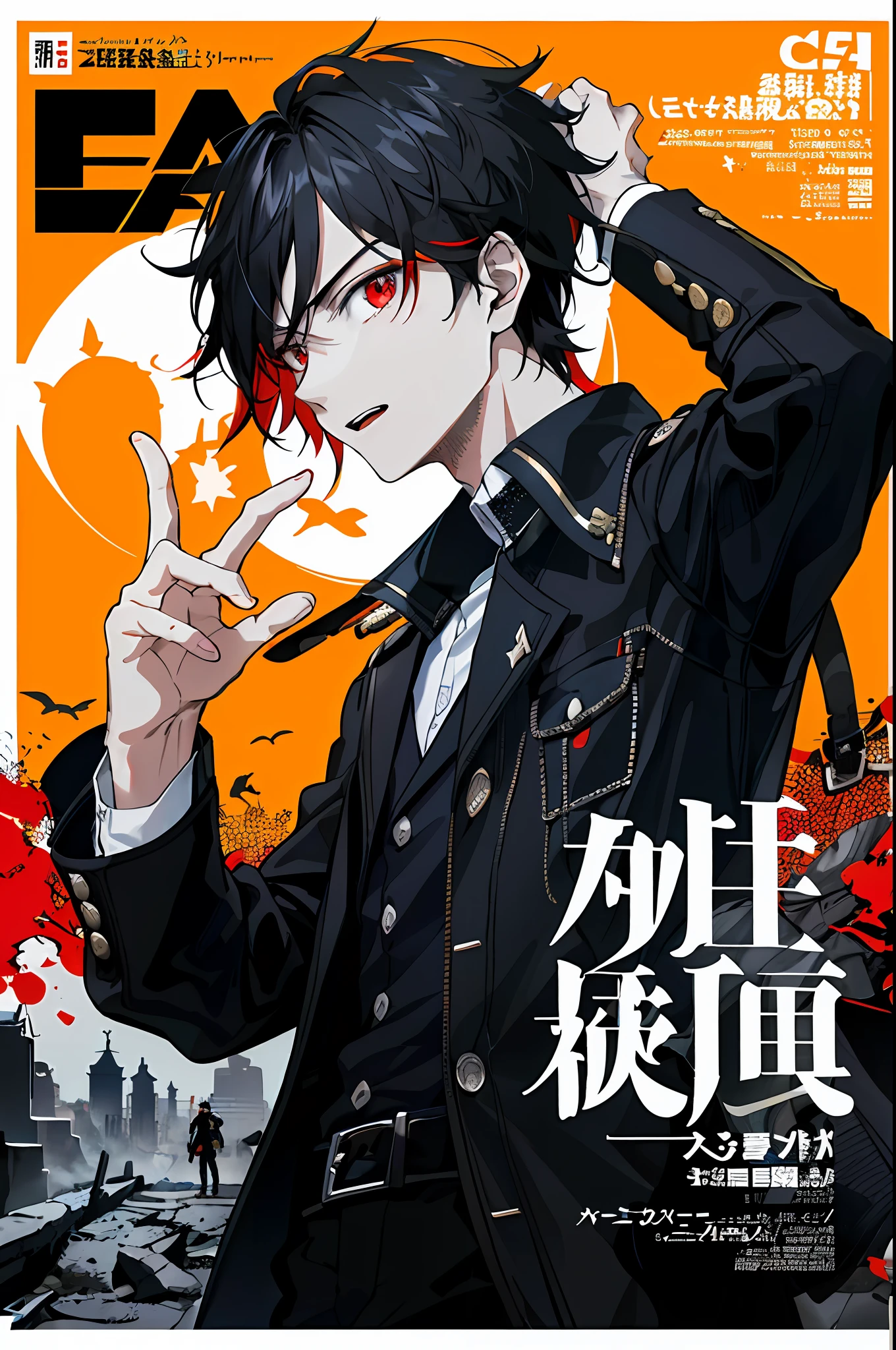 The movie poster features a young man as the central character。He stands confident in the center of the poster,Dress in fashion-forward clothing,with a determined expression on her face。Red color palette,A lot of red,There is a sense of danger and a strong feeling。holding a gamepad in his hand,The text is bold and eye-catching,With catchy slogans,Adds to the overall drama and excitement。The color palette is dominated by deep red,Dotted with bright red,Make the poster dynamic and visually striking,tachi-e (Magazines:1.3), (Cover-style:1.3),
