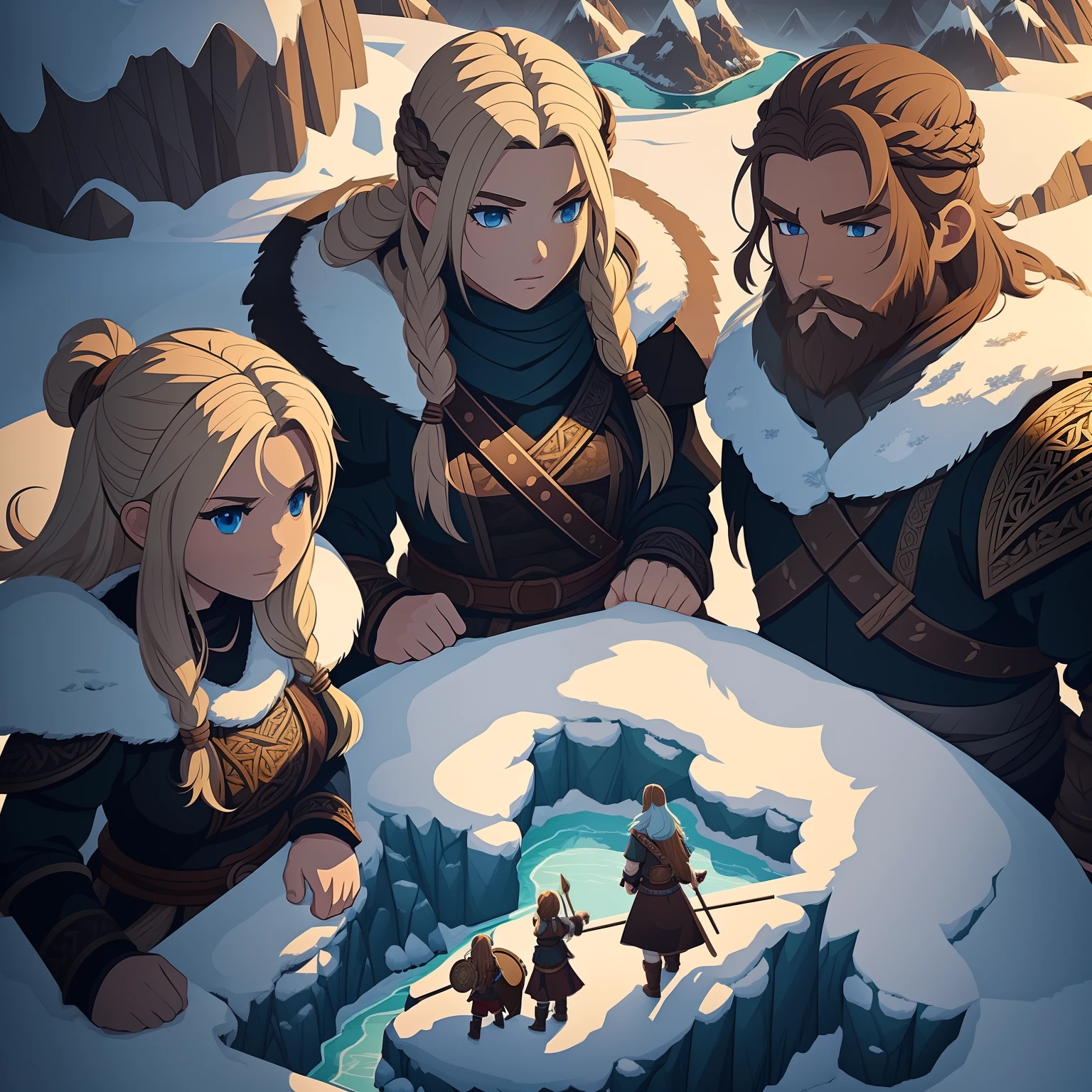 (masterpiece), best quality,4 Viking characters (2 girls and 2 men's) on snow mountain landscape, (game title),intro,(animated ).(2d game platformed style),(vector flat art style) .