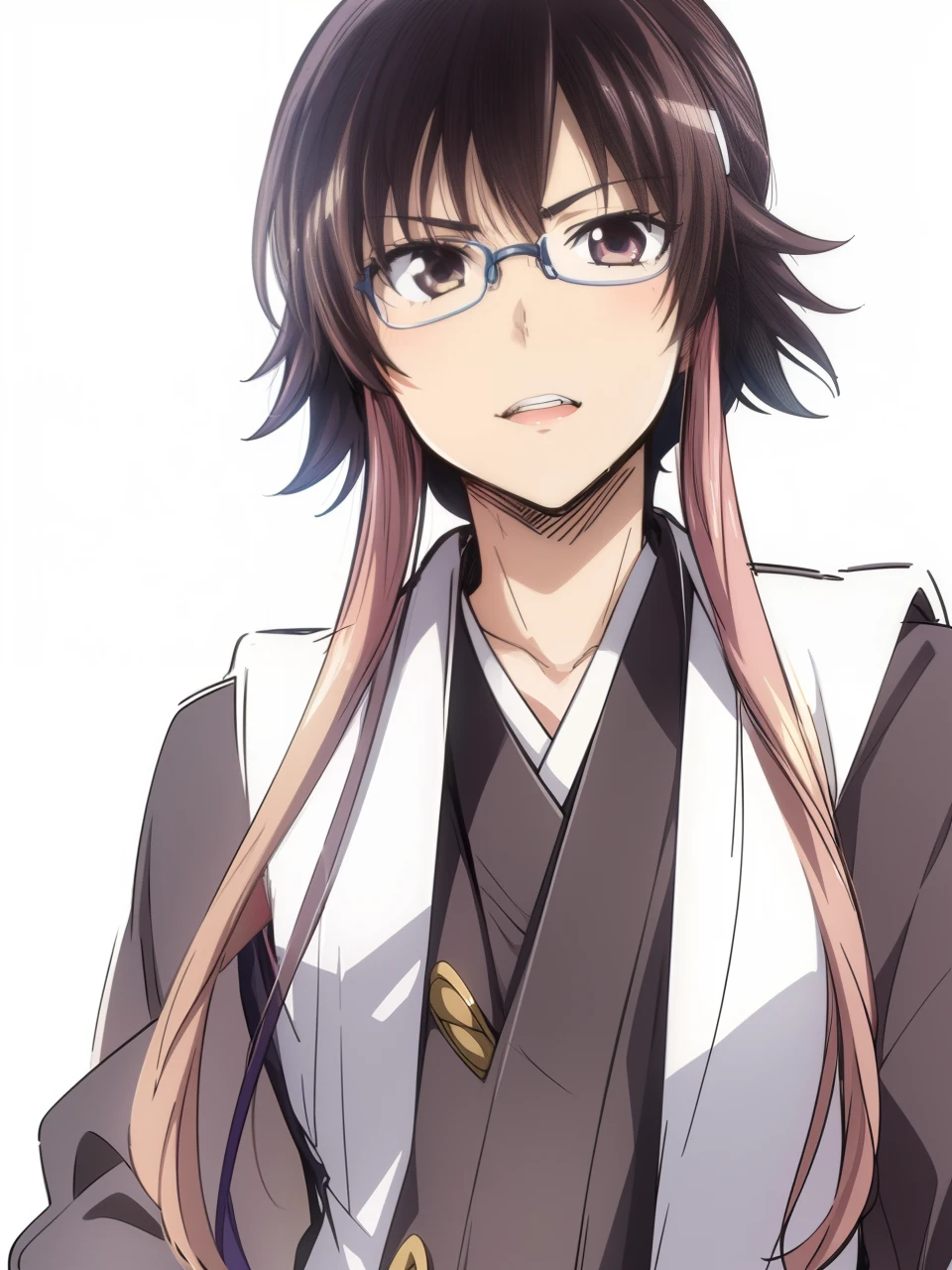 1girl, solo, (masterpiece:1.2, best quality), glasses, ((rim-less eyewear)), a drawing of a woman with long hair and a white shirt, soifon, Bleach, inspired by Okumura Masanobu, anime tribal boy with long hair, akiyuki shinbou, from kenshin, inspired by Matsumura Goshun, hijikata toushirou of gintama, inspired by Kusumi Morikage, masamune shiro