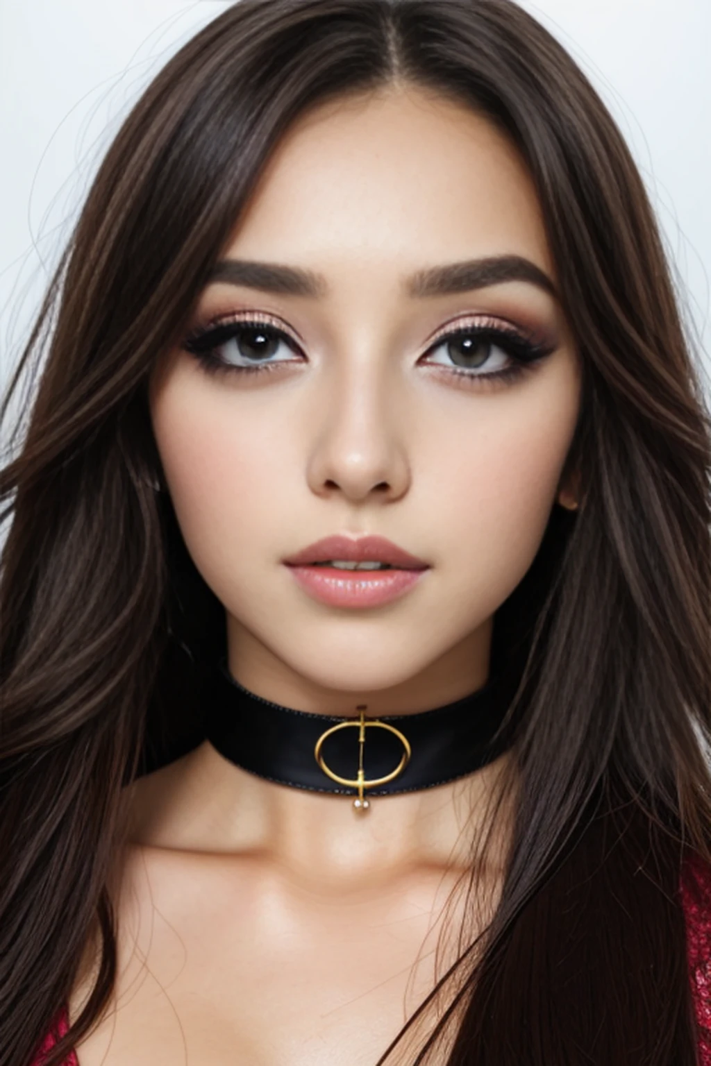 choker, eyes, eyeshadow, pupils, eyebrows, nose, lips, teeth, face, hair, long hair, 1girl, solo