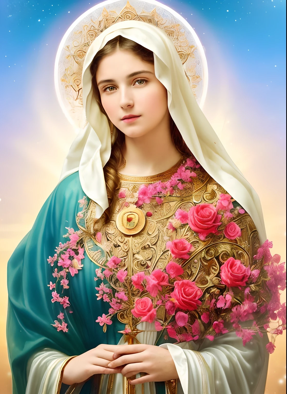 (((Blessed Virgin Mary. 19 years old))) (((IMAGEN VINTAGE RETRO))) ((( Con una cara seria y piadosa. Con una mirada dulce y tierna))) (obra maestra, calidad superior, mejor calidad, arte oficial, beautiful and aesthetic: 1.2), (1girl), extremadamente detallado, (Arte fractal: 1.3), colorido, highest detailed, Cara perfecta, parte superior del cuerpo, HDR, (orando: 1.3), (golden lines of white coat: 1.2), galaxia, (rayas de luz), eye-catching visuals, (dynamic stripes, senderos luminosos: 1.2), colores vibrantes,