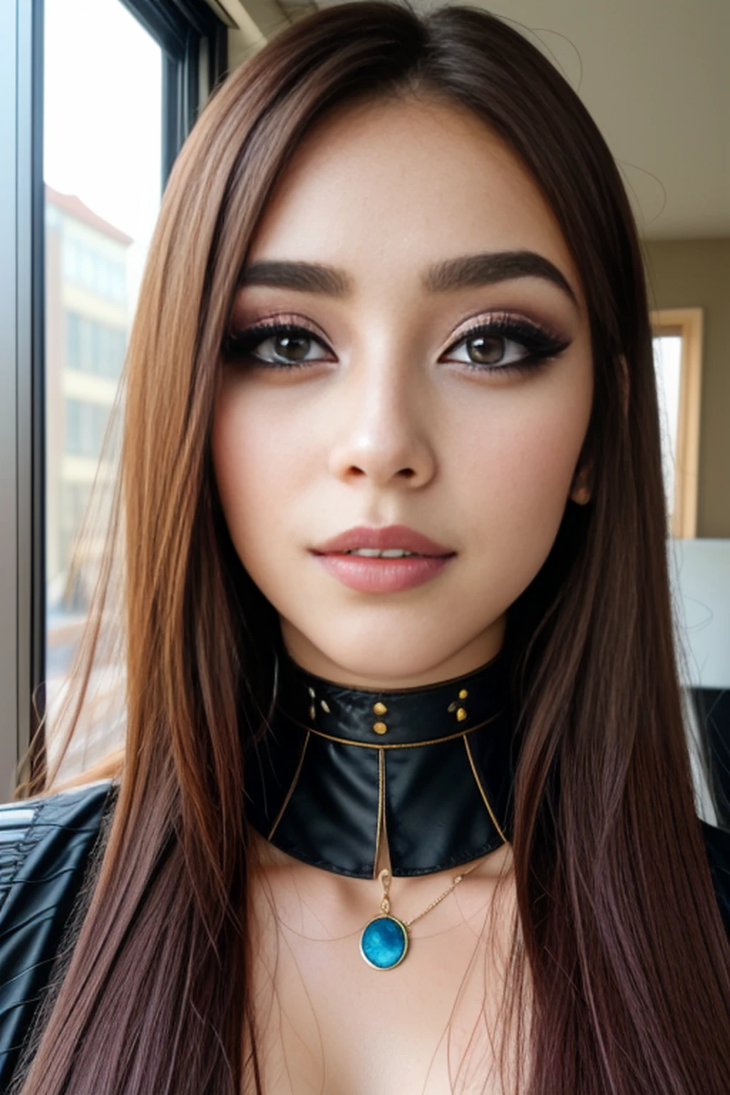 choker, eyes, eyeshadow, pupils, eyebrows, nose, lips, teeth, face, hair, long hair, 1girl, solo